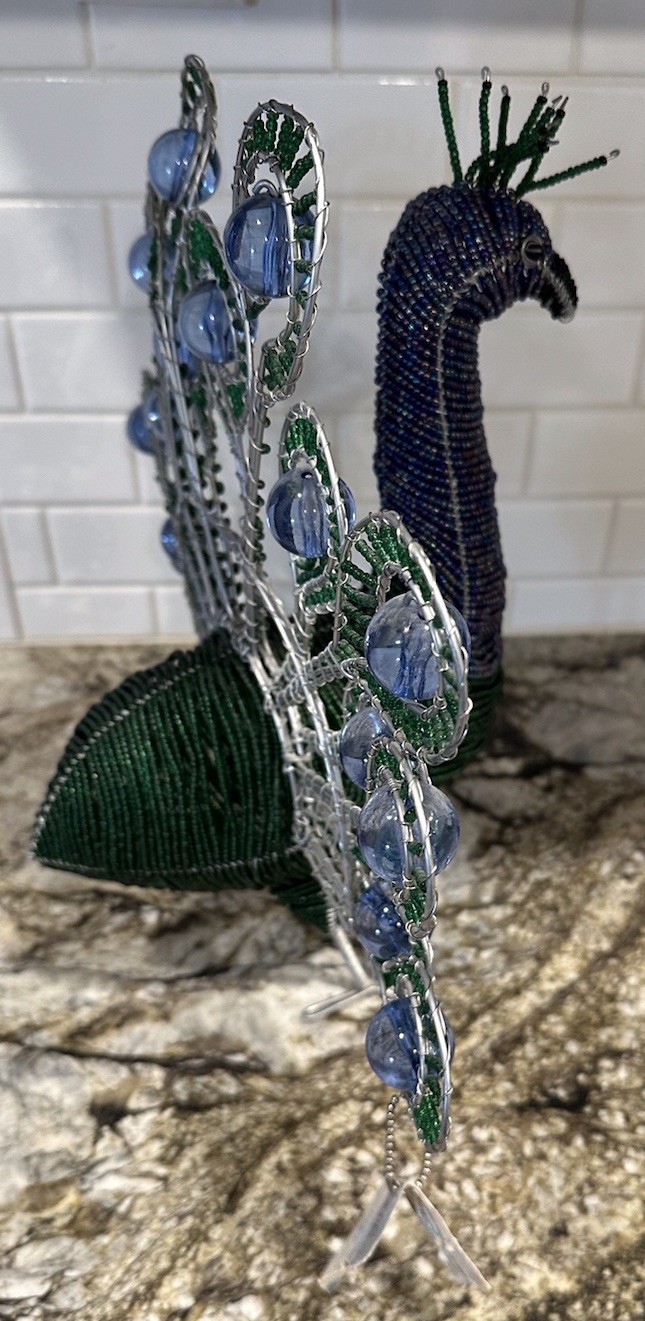 Beadworx Beaded Peacock Figurine Wire Glass Beads Art Freestanding Bird 16×13