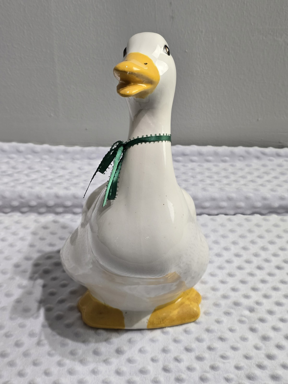 Vintage 1980’s Ceramic Goose Figurine 15″ White With Green Ribbon Bow Outdoors