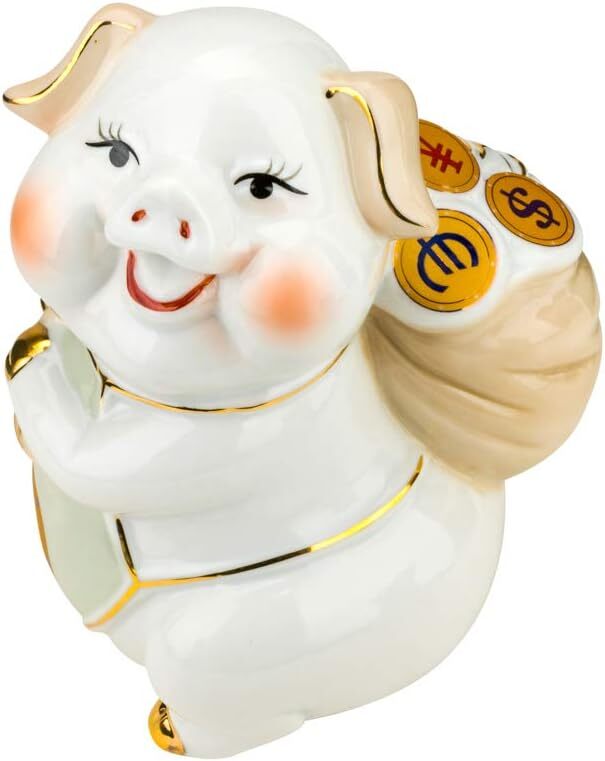 Quality Import P104, 6”H Porcelain Pig with a Bag of Money