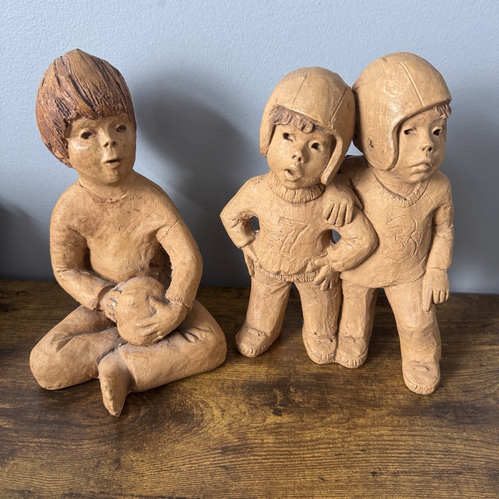 Lee Bortin Signed Clay Children Figurines Football Kids Folk Art Lot Of 2