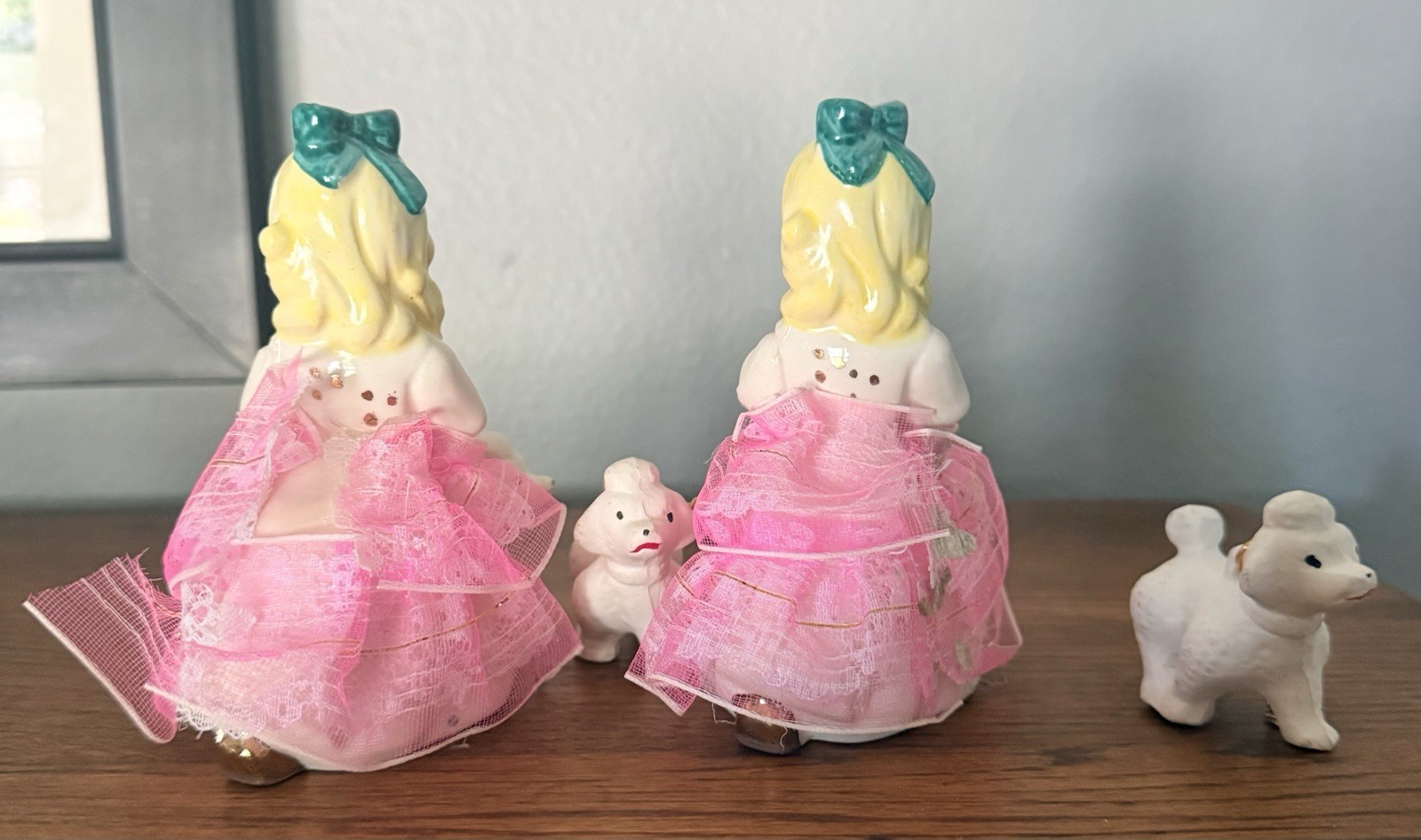 Vintage Made in Japan Figurines x 2 Girl Walking Dog + Extra Dog