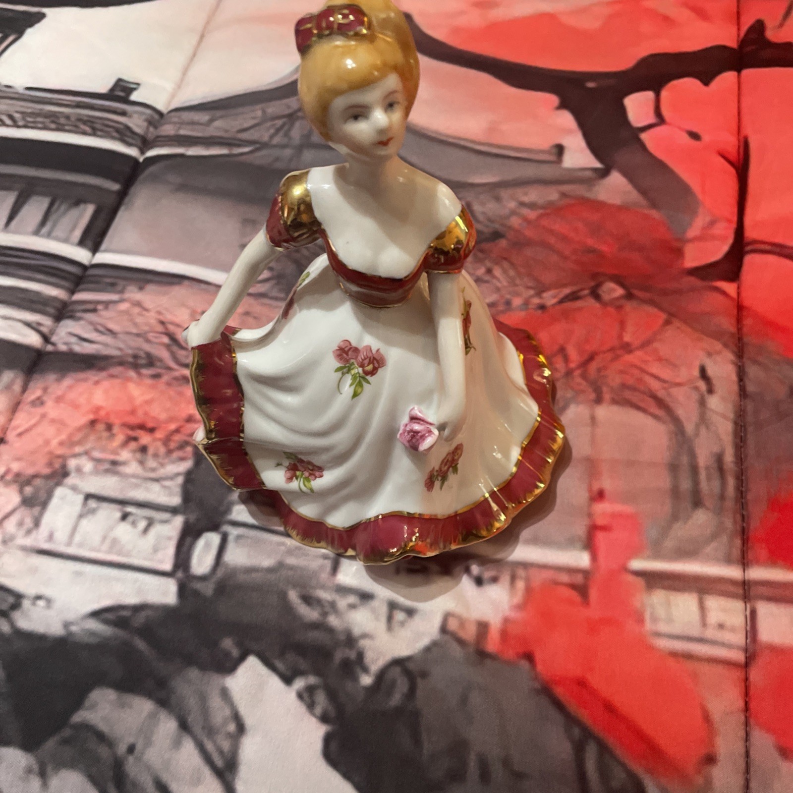 Cracker Barrel 8″ Victorian Dancing Lady Porcelain Figurine Red Floral/Gold Trim
