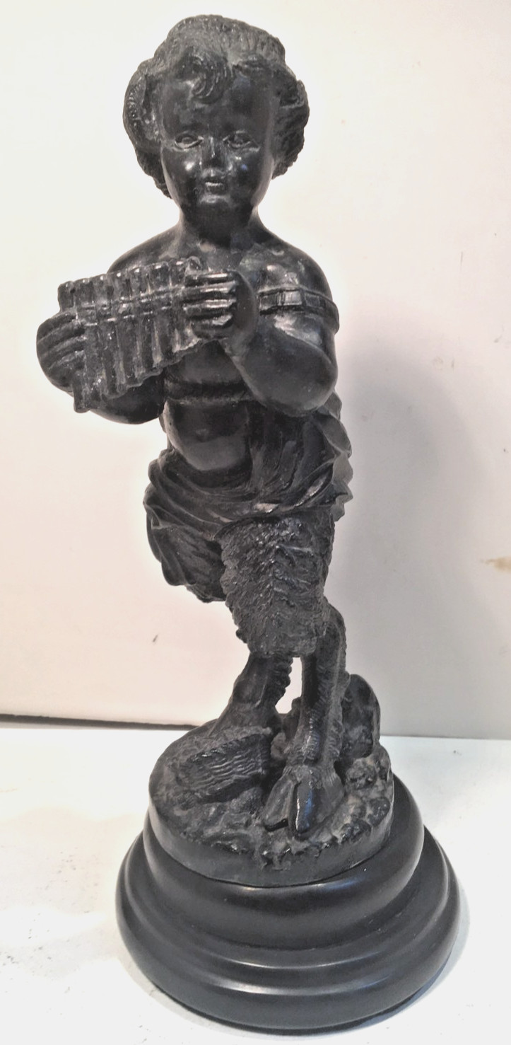 ANTIQUE SCULPTURE METAL SPELTER- BRONZE PAN SATYR FAWN ON MARBLE BASE MYTHOLOGY