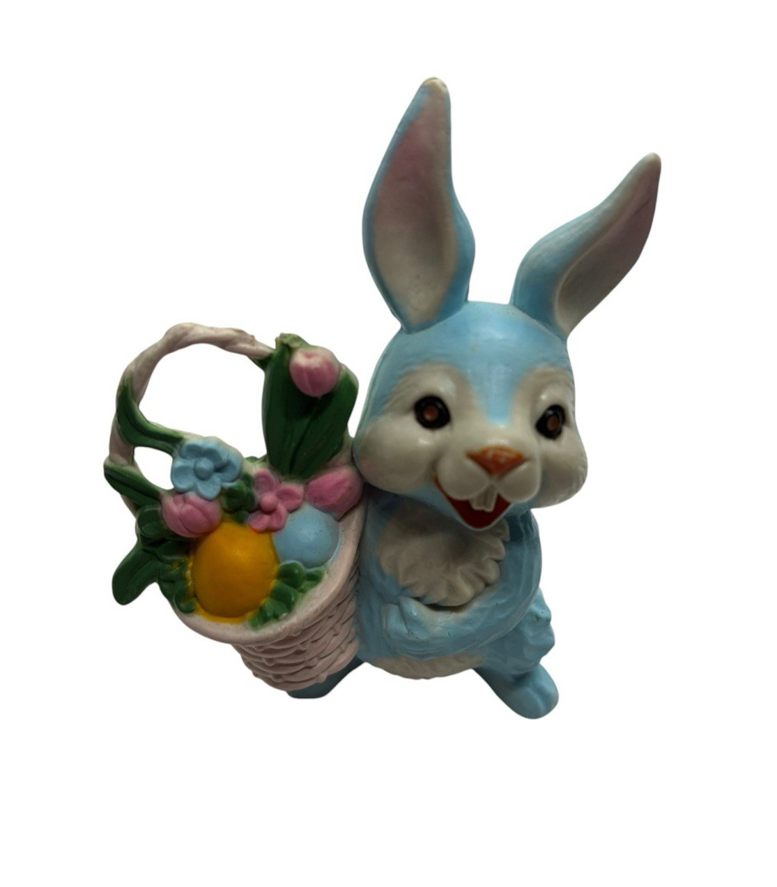 Vintage Blue Easter Bunny Figurine Basket Eggs Flowers Spring Rabbit Decor