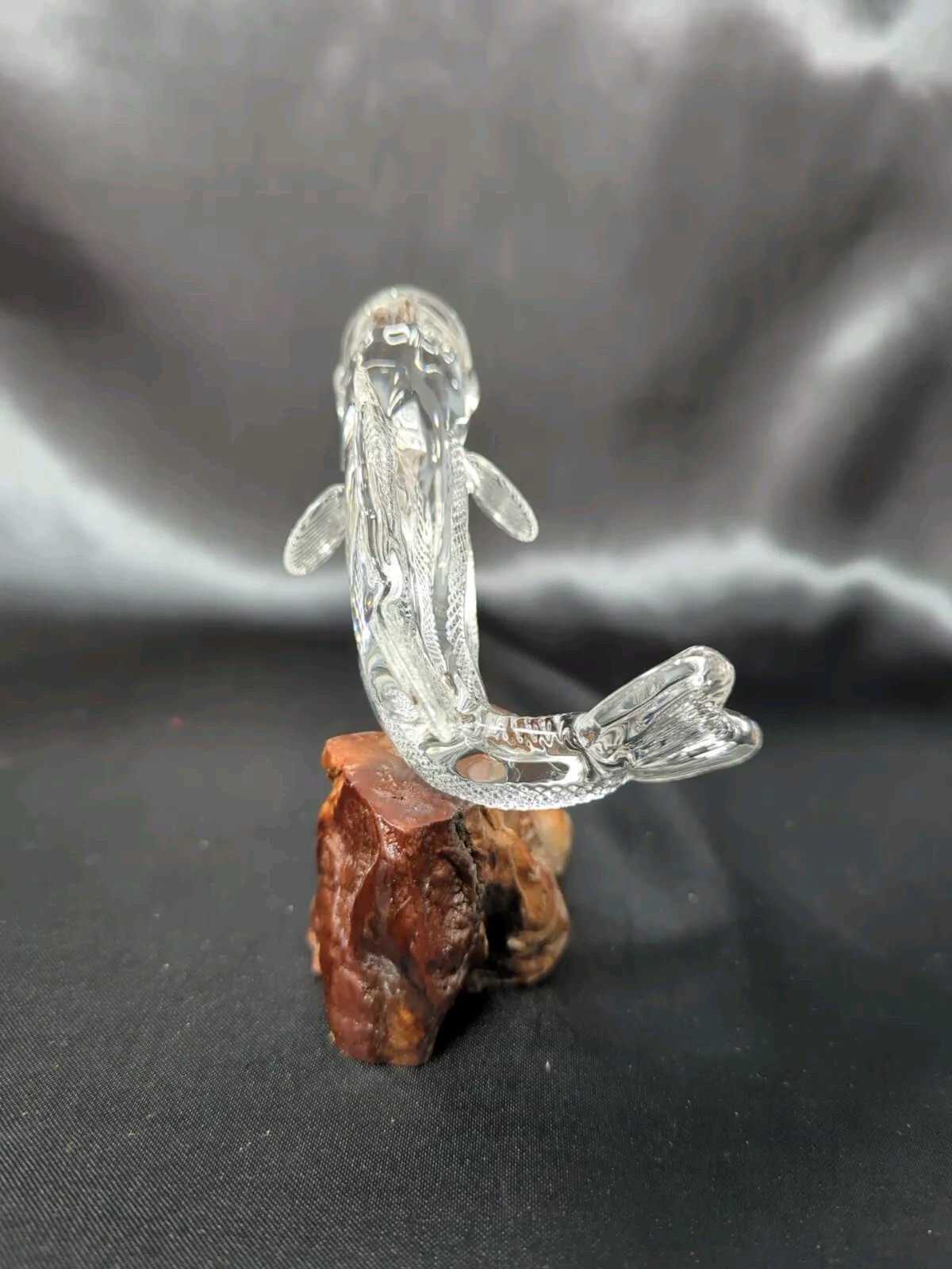 Large Glass Bass Fish Figurine On Wood Burl Clear Glass Figure Fishing
