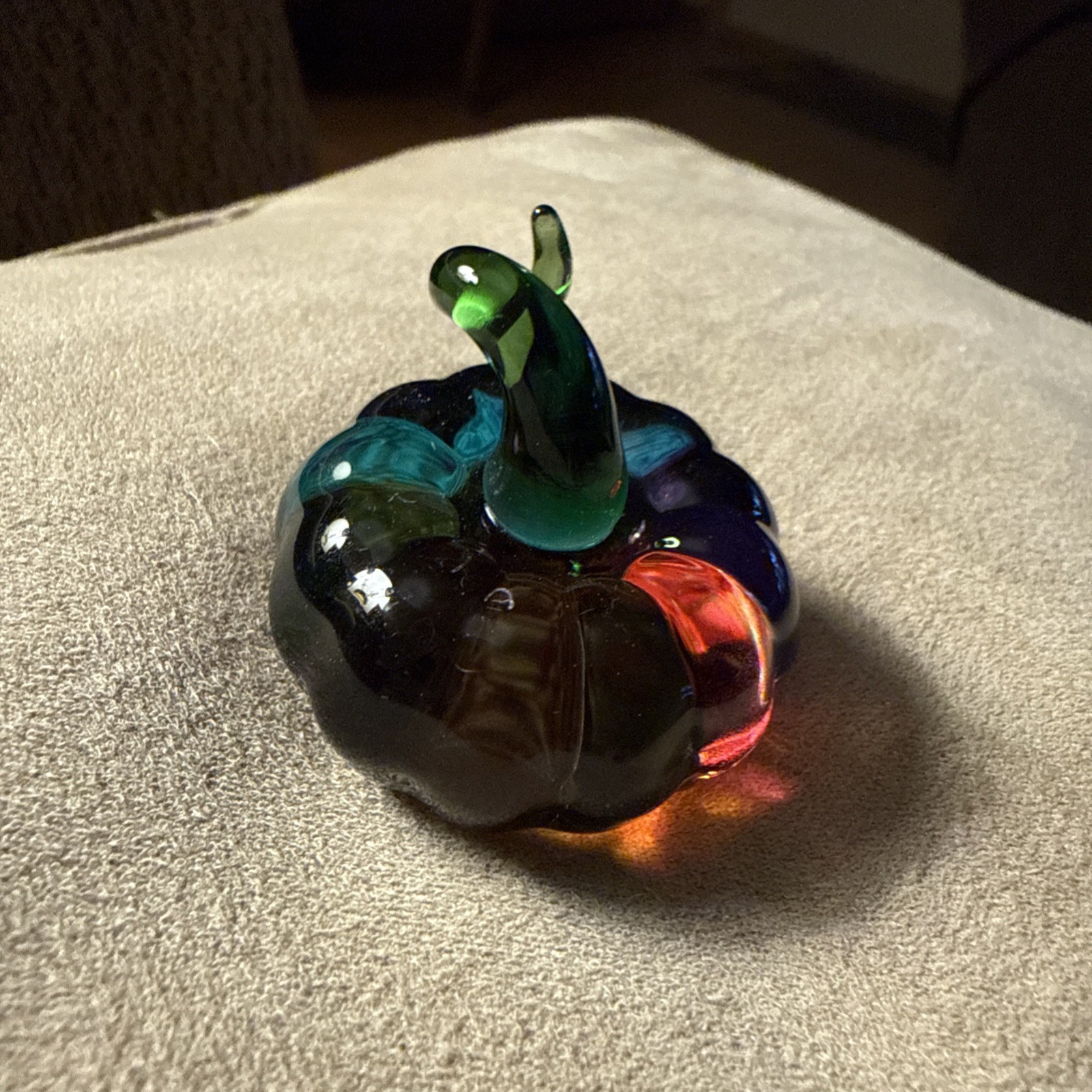 Adorable Handcrafted Glass Multi Colored Pumpkin With Green Stem Figurine