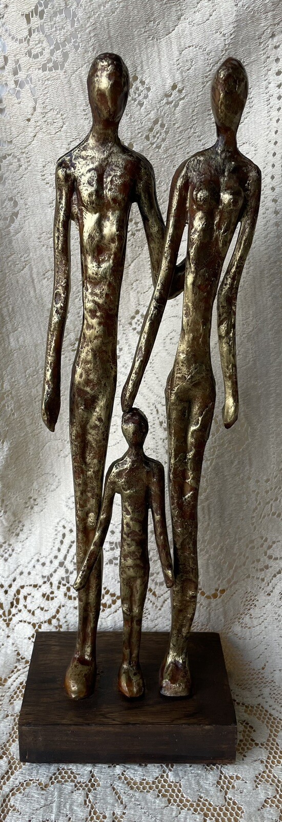 Art Figurine Family of 3 Mother Father Child Polyresin w/Wood Base 17” Tall