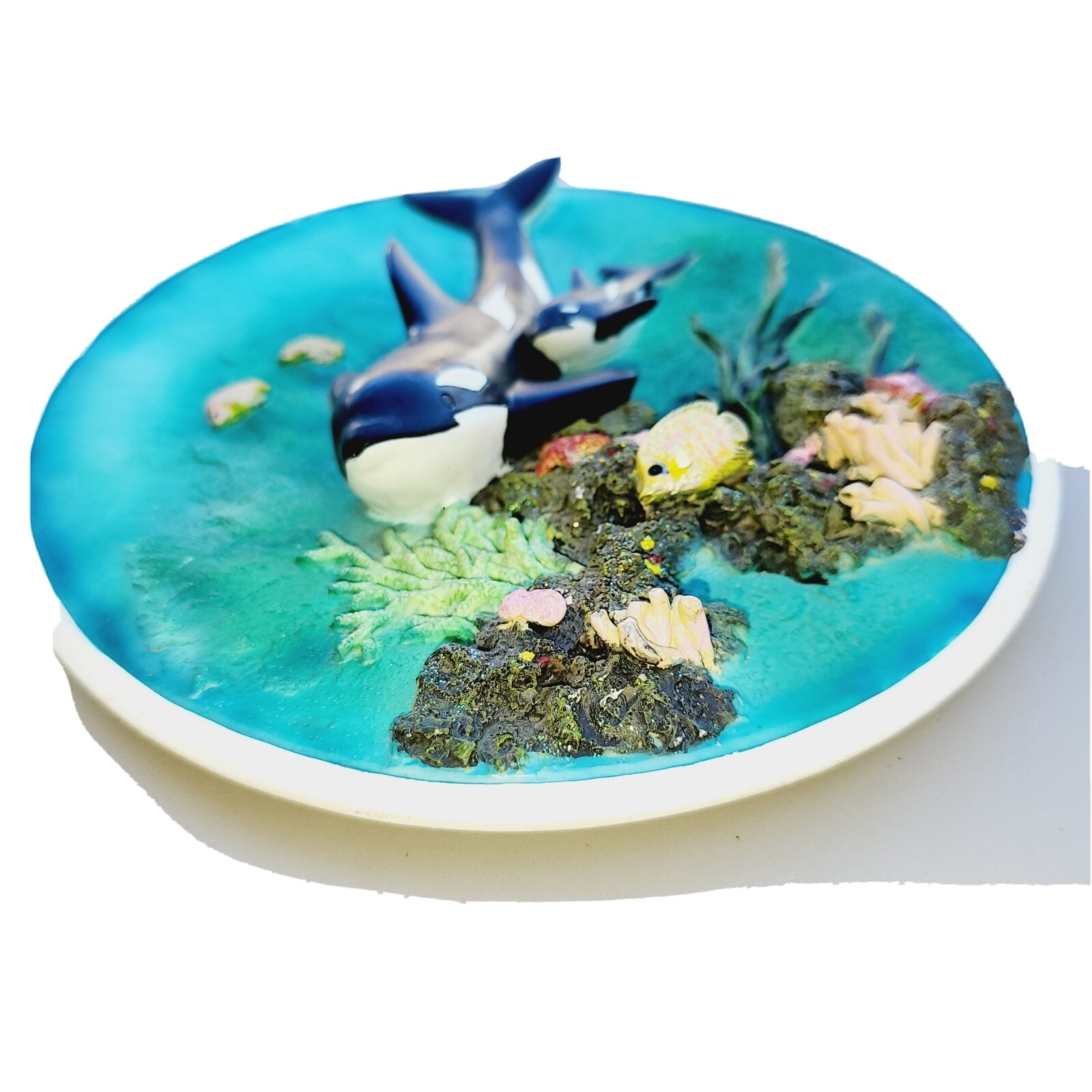 VTG 1980s Orca Mother & Baby Sealife Coral Reef 3D Ceramic & Resin Plate w/Stand