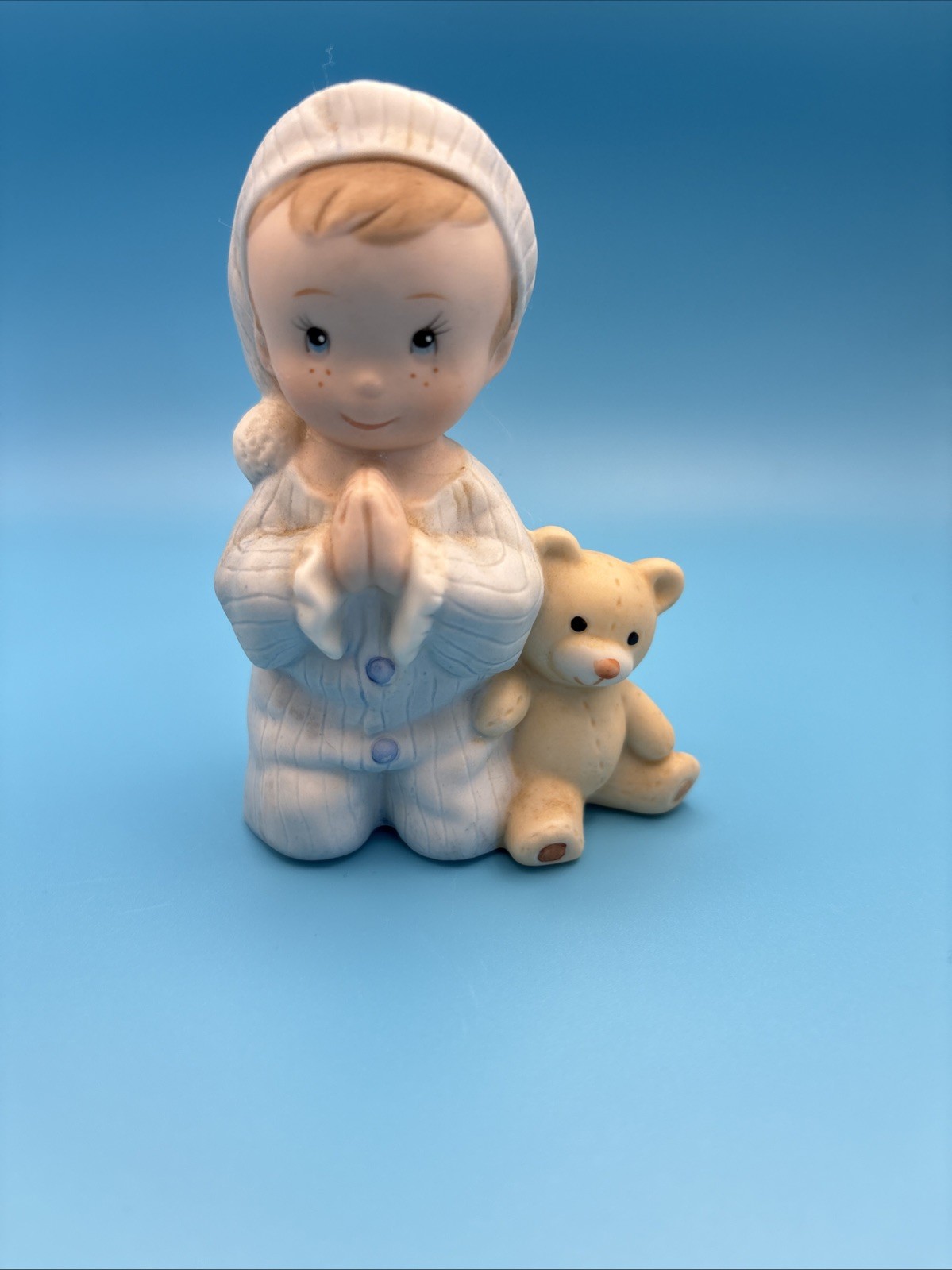 Praying Boy In Blue Pajamas With Teddy Bear 3.5″ Homco Figurine