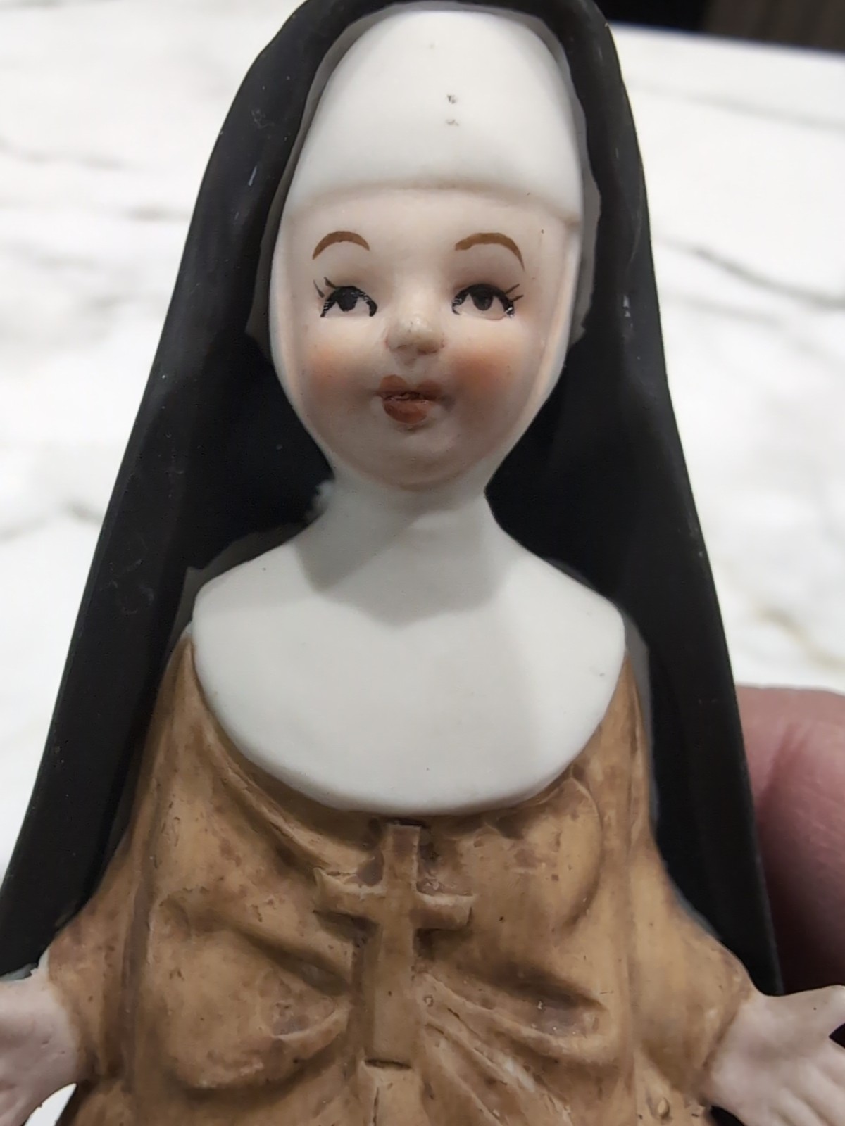 Vintage Figurine Lefton NUN Matte Brown Gold Cross Japan