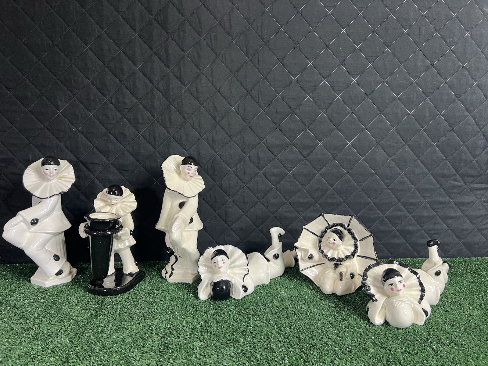 (6) Vintage Pierrot Clown Black & White Ceramic Figurine Mid Century Harlequin
