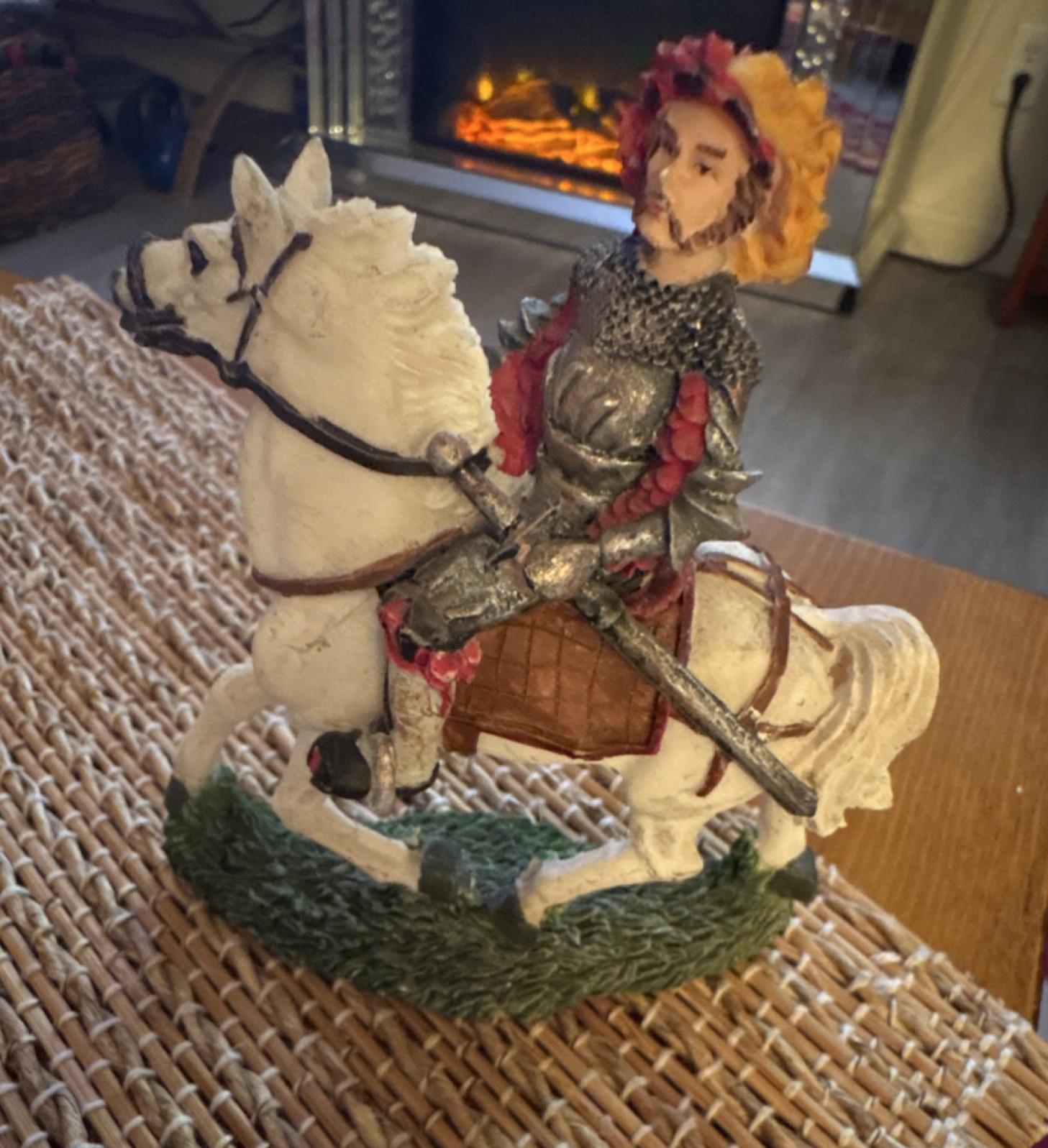 Knight on Horseback Figurine Hand Painted Resin Red Silver White Historical