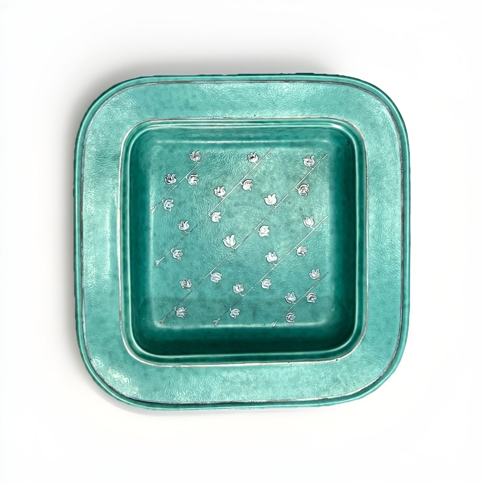 MCM W. Kage Swedish Ceramic Tabletop Square Bowl Sterling Silver Flowers Teal