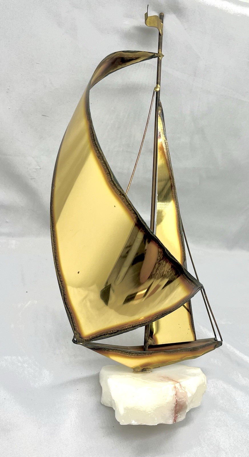 Vintage Brass Amber Sailboat Sculpture Onyx Marble Base 15” Nautical Decor