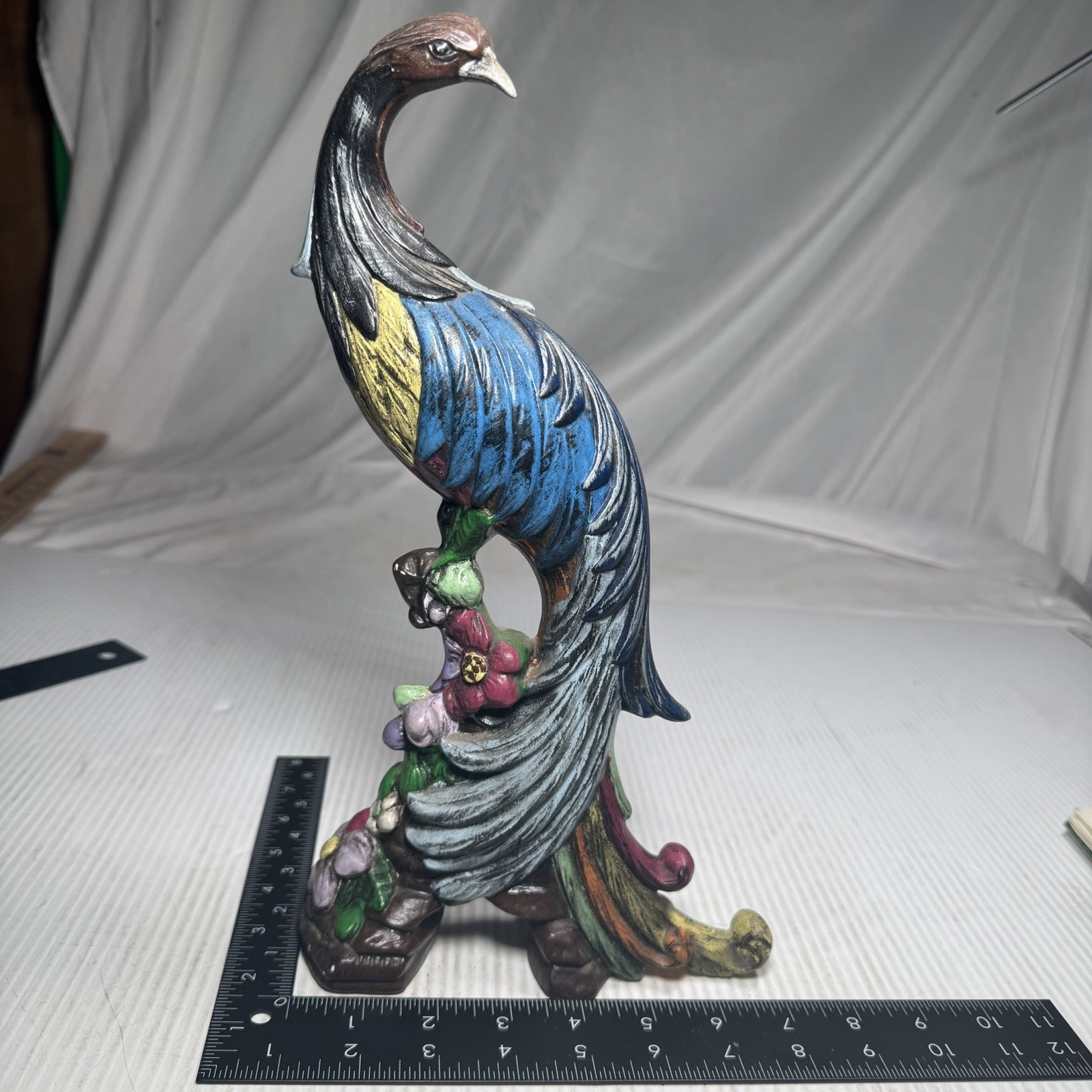 Vintage 1960’s Blue Green Pheasant Peacock Bird Sculpture Statue USA Hand Painte