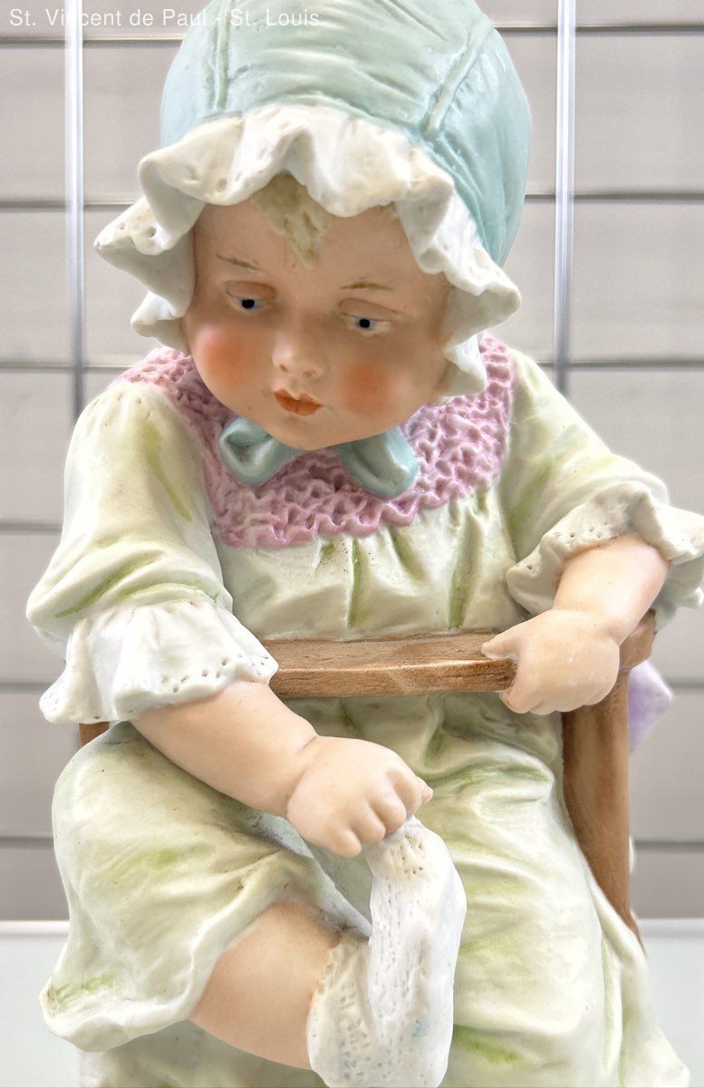 Antique Gebruder Heubach Porcelain Bisque Piano Baby Highchair Figurine RARE