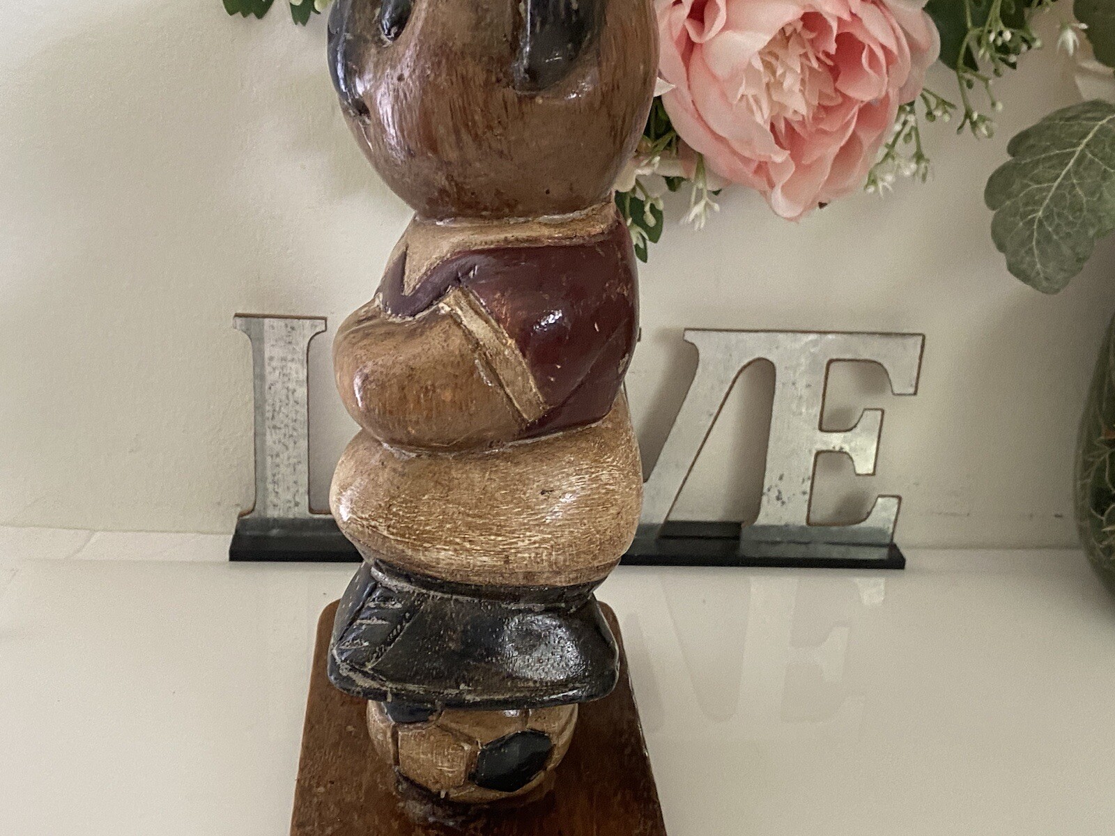 Wooden Bear Handmade Statue 10″ Soccer Teddy Bear Kids Room Vintage Figurine EUC