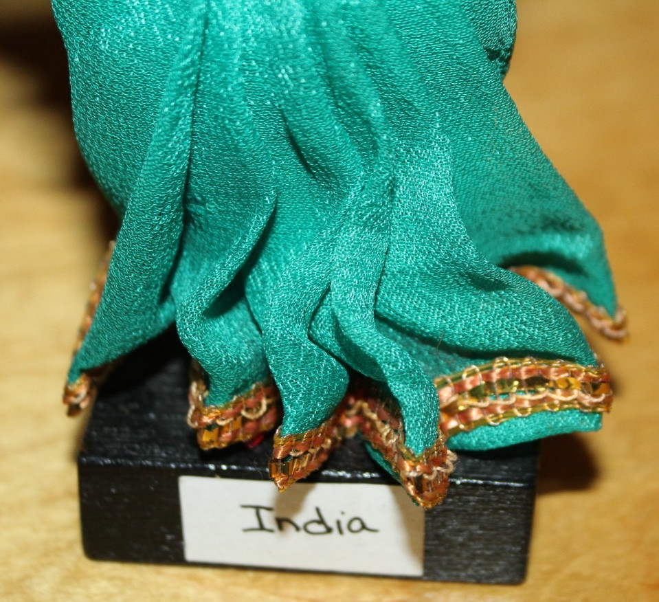 Vintage India Woman Clay Figurine Doll 8″ Hand Painted Dress Trim Jewelry