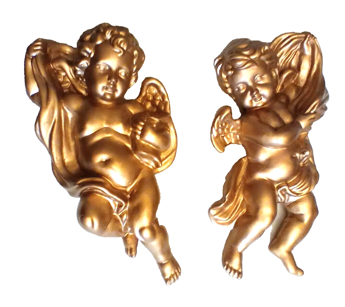 VINTAGE ANGEL CHERUB SET OF 2 10″ VICTORIAN GOLD WALL HOLLYWOOD REGENCY MCM