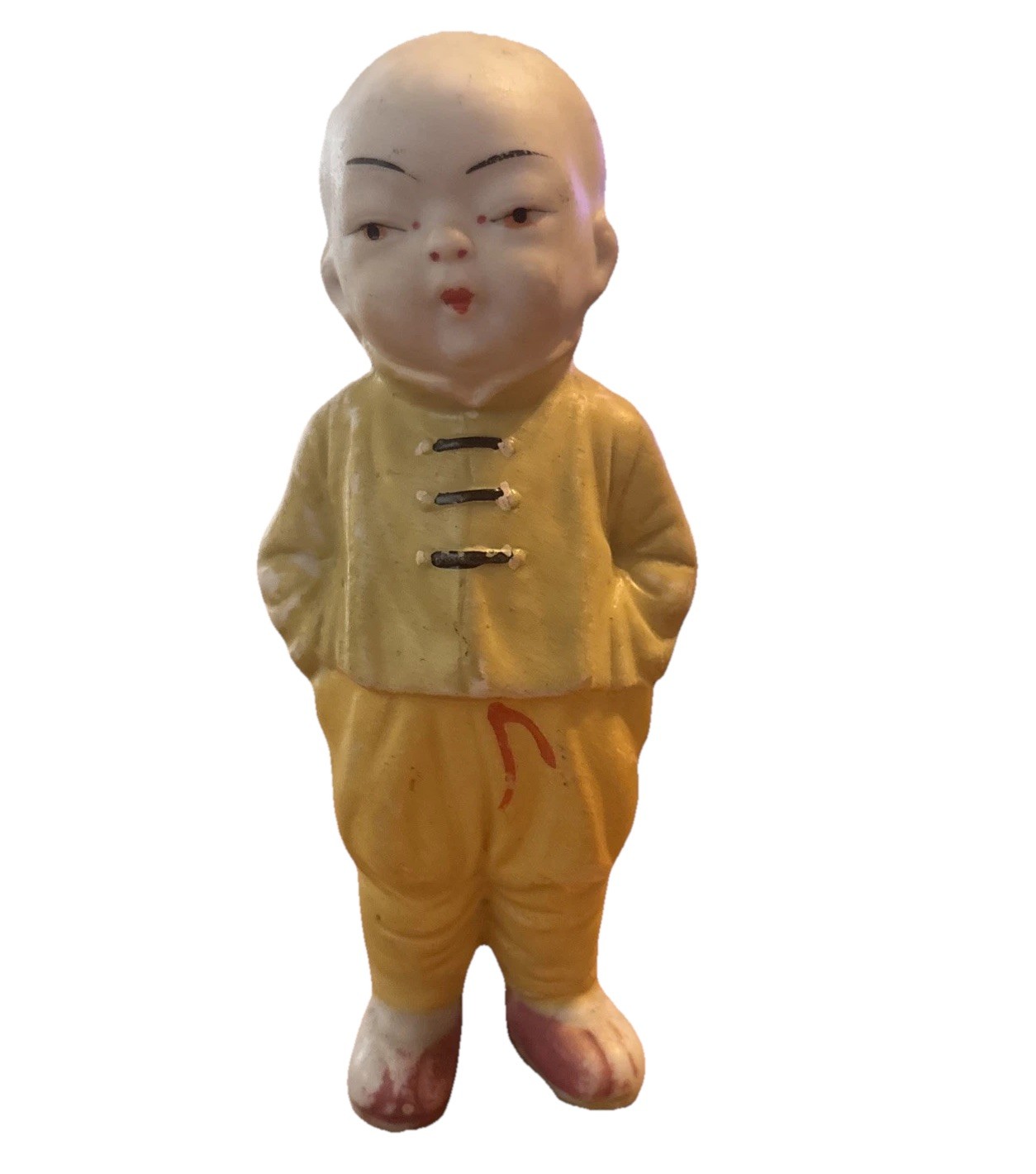Vintage Ceramic Bisque Asian Boy Baby Monk Doll with Pigtail 6” Japan
