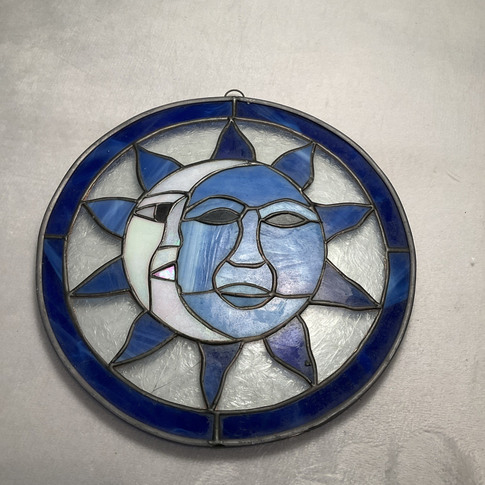 Celestial Stained Glass Sun Moon Face Anthropomorphic Window Art Handcrafted 8.5