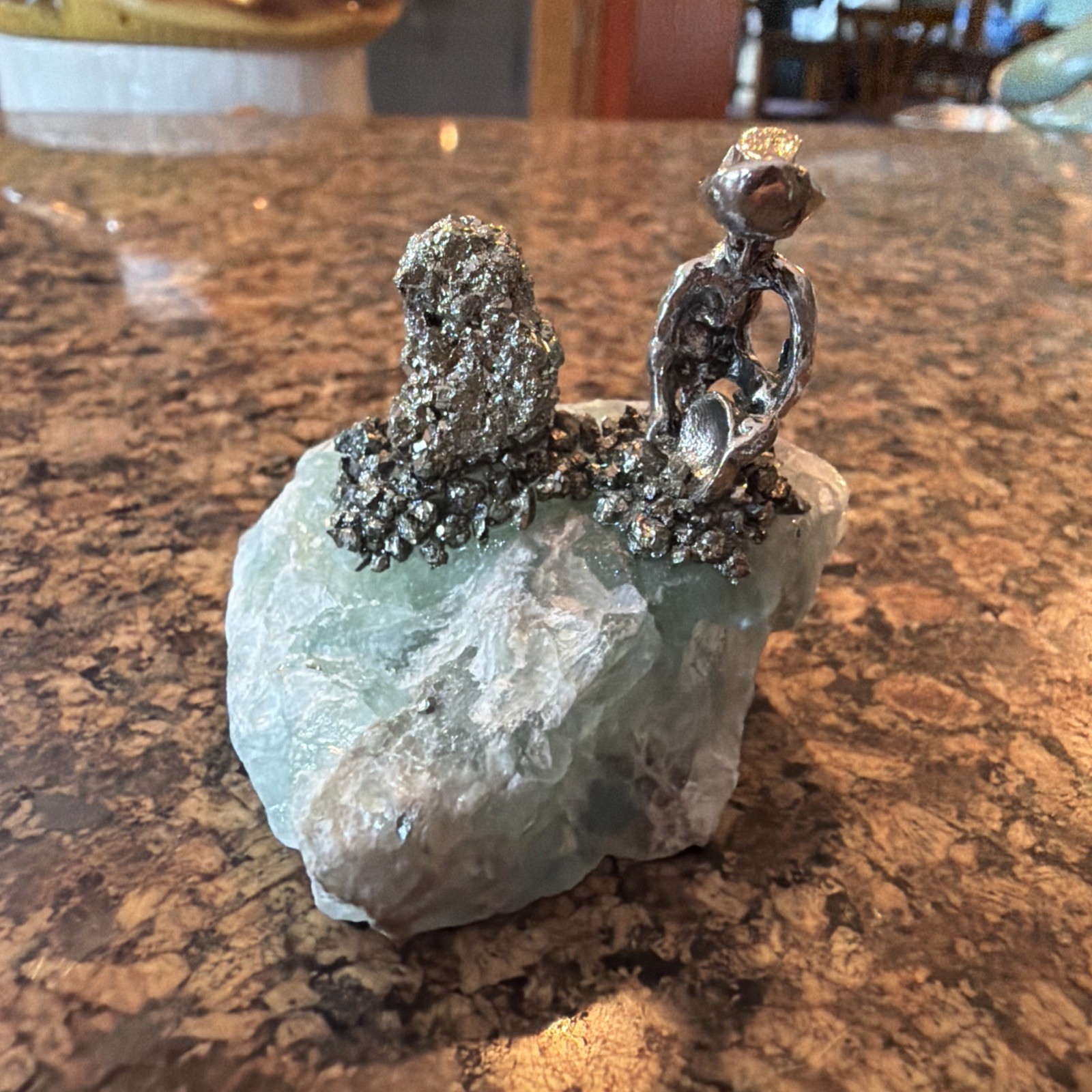 Miner Metal Figurine Sculpture fluorite Stone Base