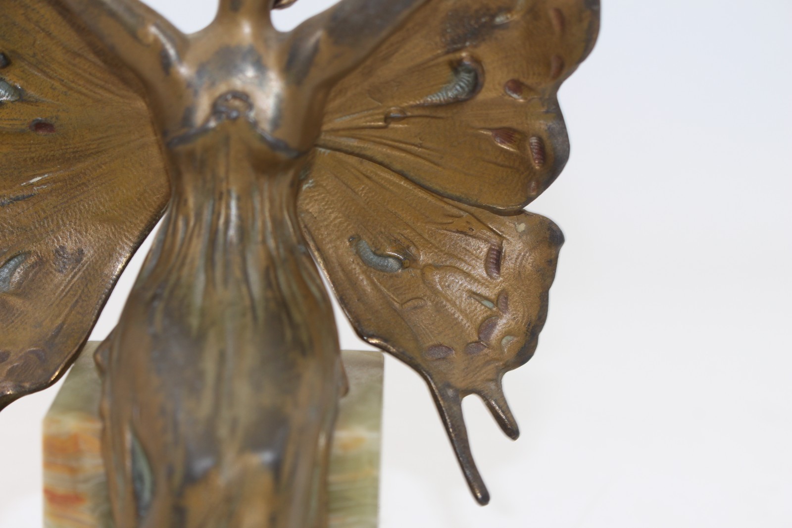 Buttefly Girl / Fairy Art Nouveau Bronzed Statue, Marbled Green Stone Base