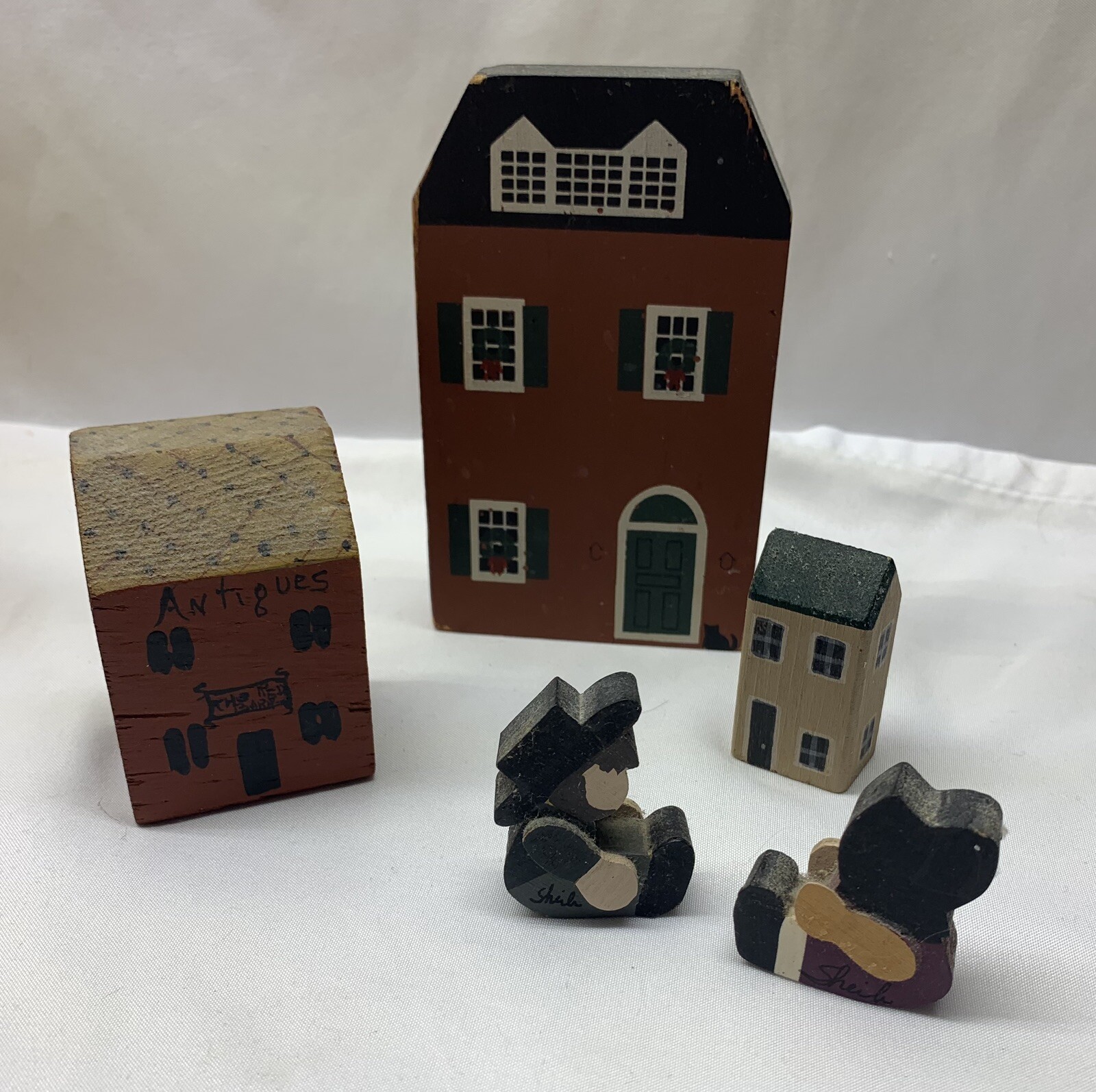 Vintage Wood Block Folk Art Cutouts Cats Meow Antique Store House People