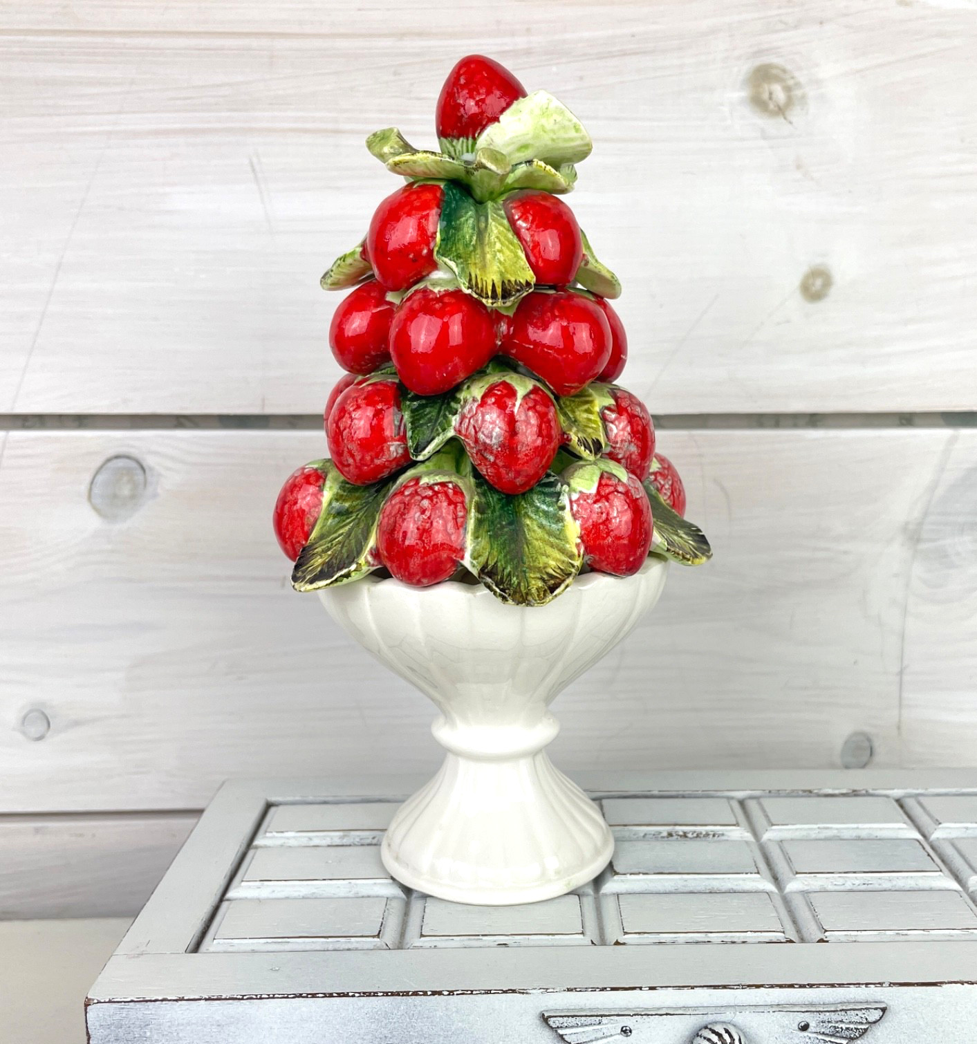 Vintage Ceramic Arnart Fruit Topiary Red Strawberries on White Pedestal