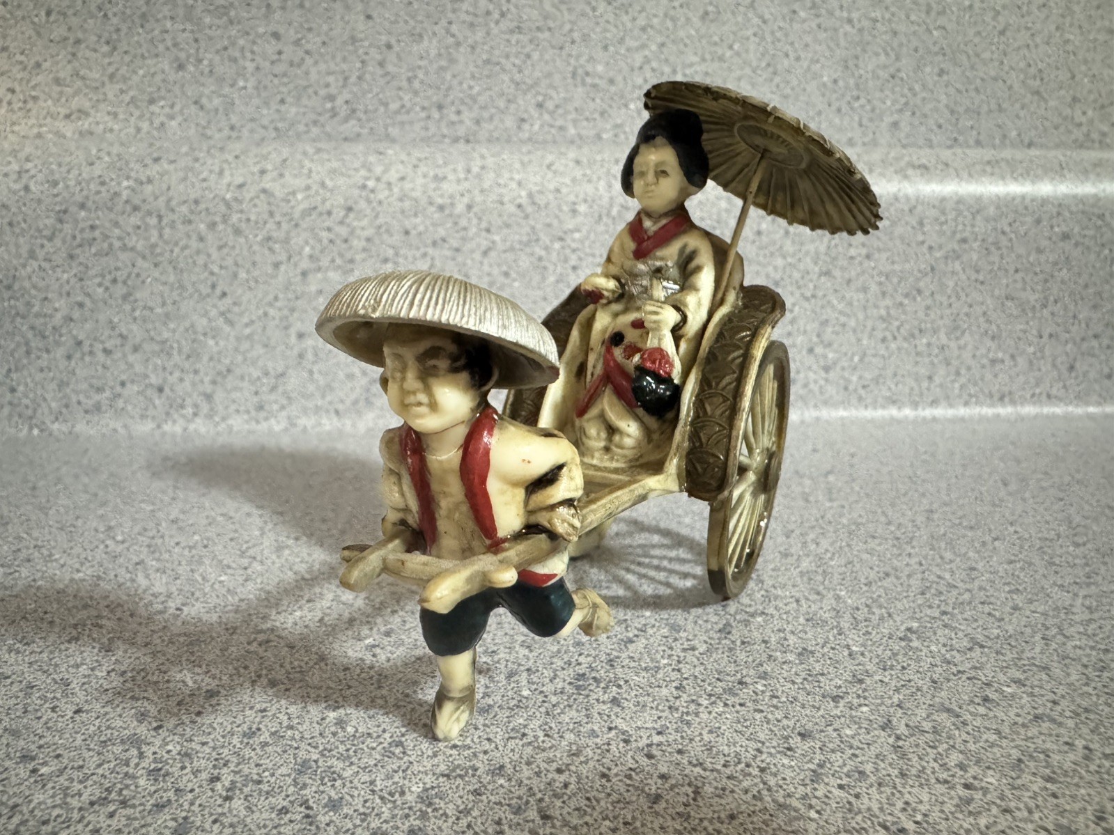 Antique Rickshaw w/Geisha Girl & Parasol, Intricately Carved, Hand Painted