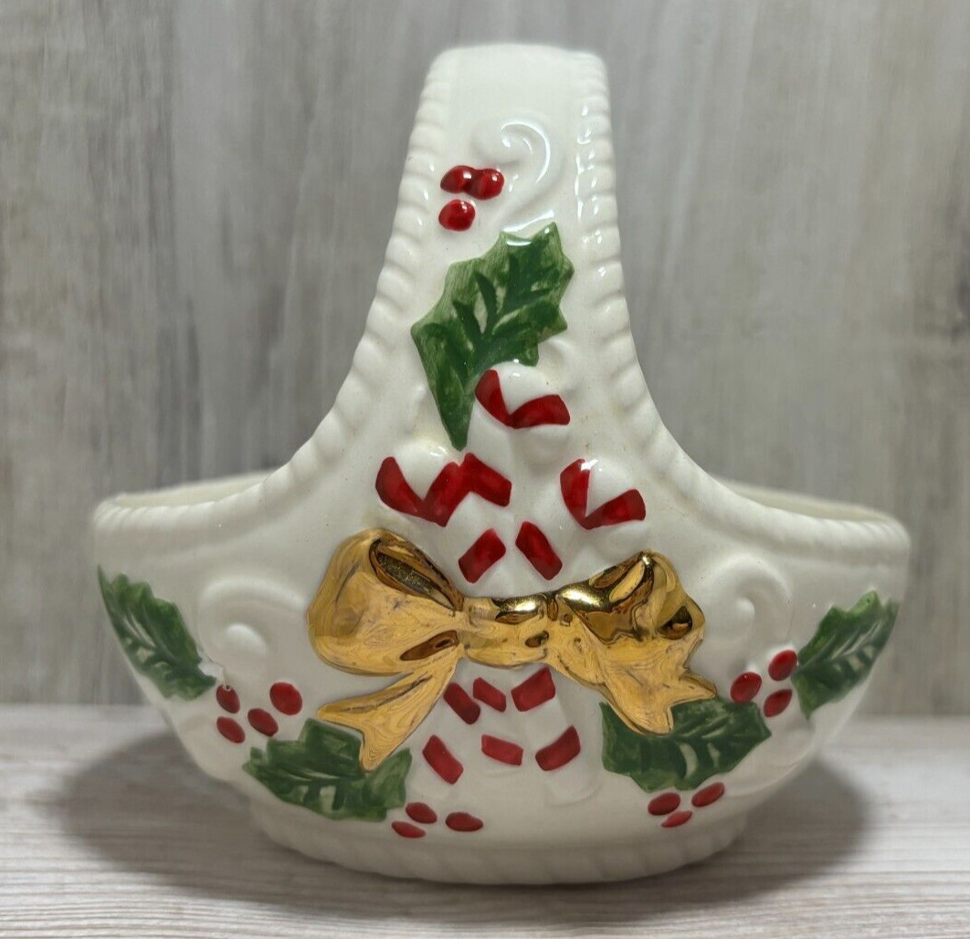 Vintage San Francisco Music Box Co Christmas Candy Cane Holly Winter Basket