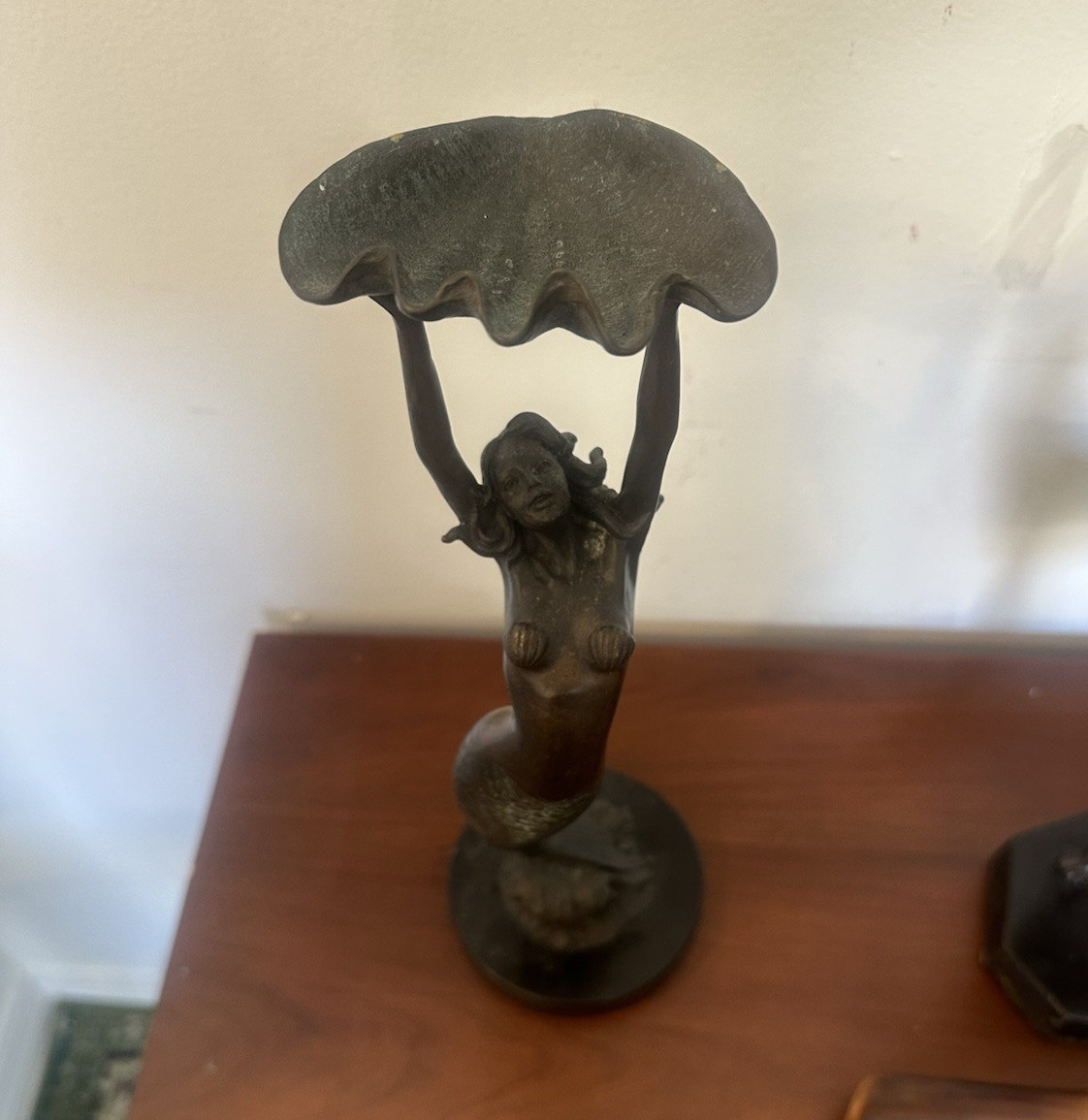 Bronze Metal Mermaid Figurine Holding Shell Dish Tray Mythical Creatures Decor