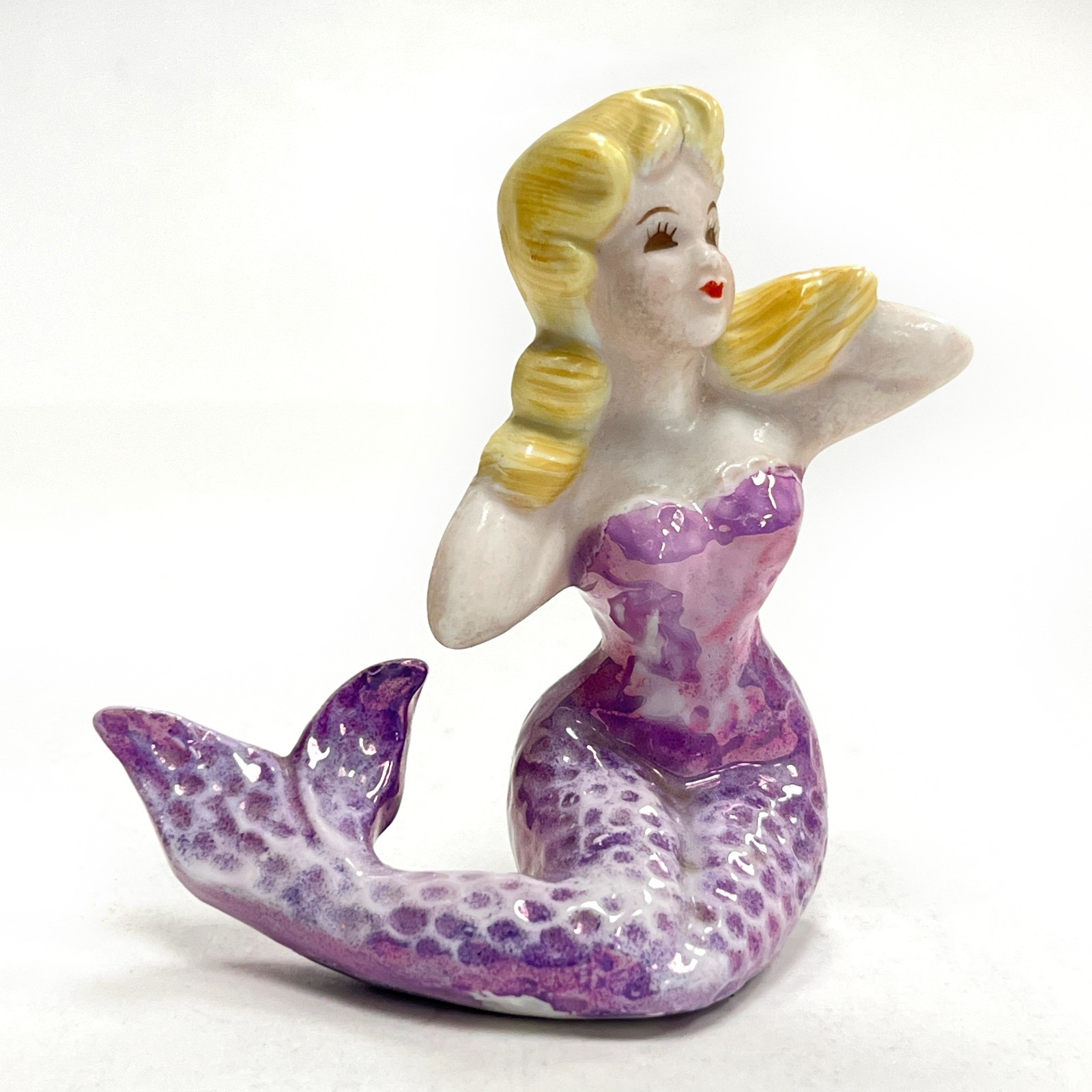 Merrymaid Mermaid Blonde Figurine Purple Dress Sitting 3.5″ Tall
