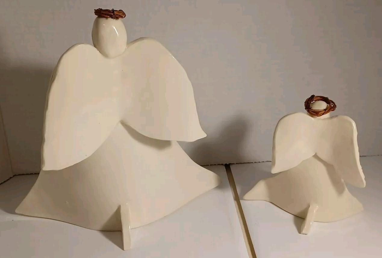 Vintage Ceramic Beach Angel Figurines Set of 2 Minimalist Seashell Coastal Decor