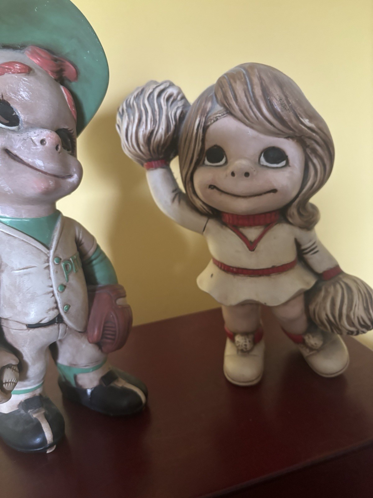 Vintage 1970s Painted Ceramic Baseball Boy & Cheerleader Figurines Set of 2