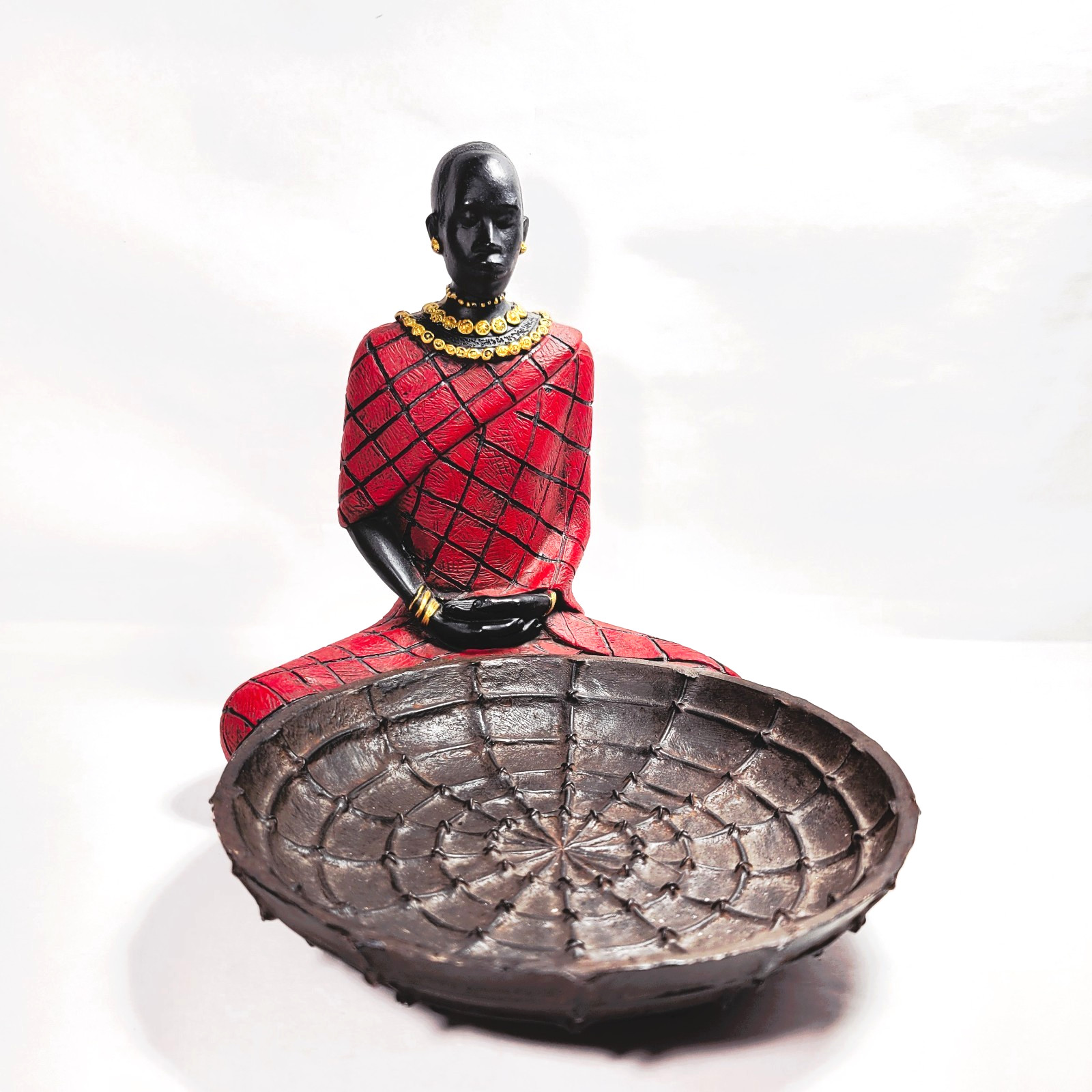 African Tribal Woman Figurine Open Bowl Trinket Holder Red & Black & Gold Trim