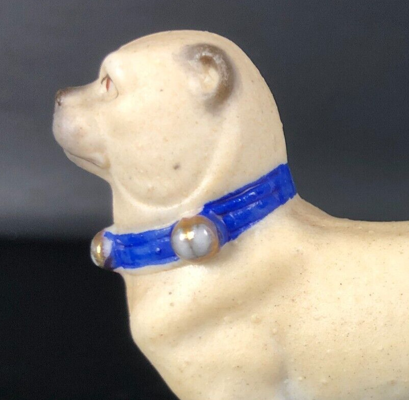 ANTIQUE 1900S PUG DOG Figure Victorian Dollhouse Miniature Bisque Figurine 2.50″
