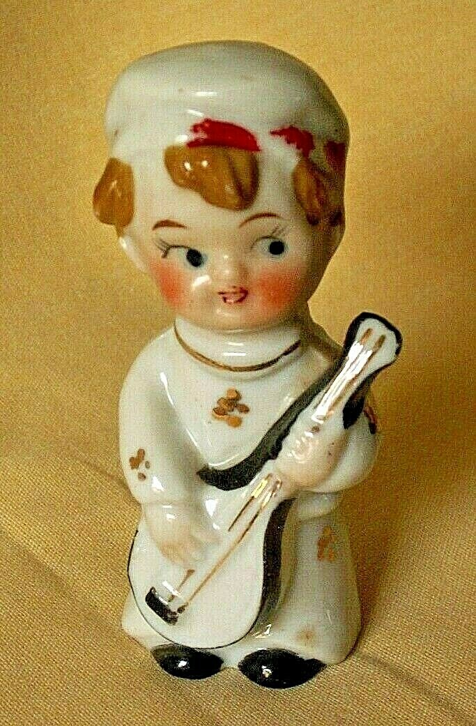 Boy Guitar Vintage Japan Figurine White Black Red Gold Brown Hair Hat 3 Inch