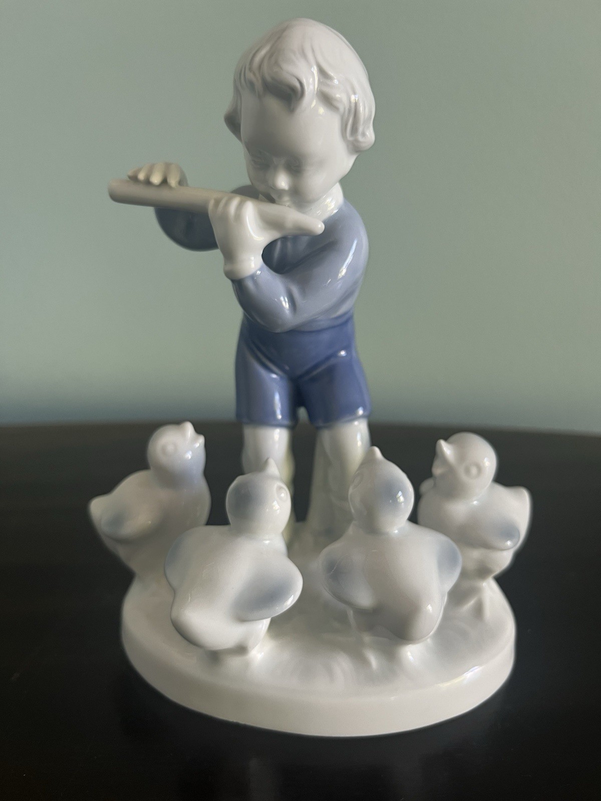 Vintage Boy with Flute and Four Chicks Gerold Porzellan Bavarian Blue & White