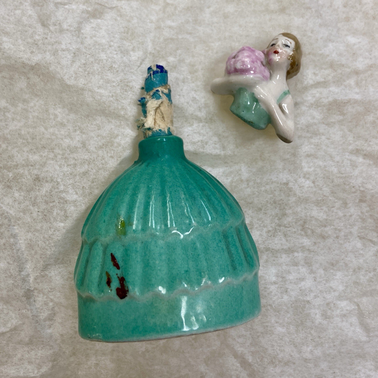 1910 1920 Porcelain German Woman Perfume Bottle Antique Trinket Teal Blue Green