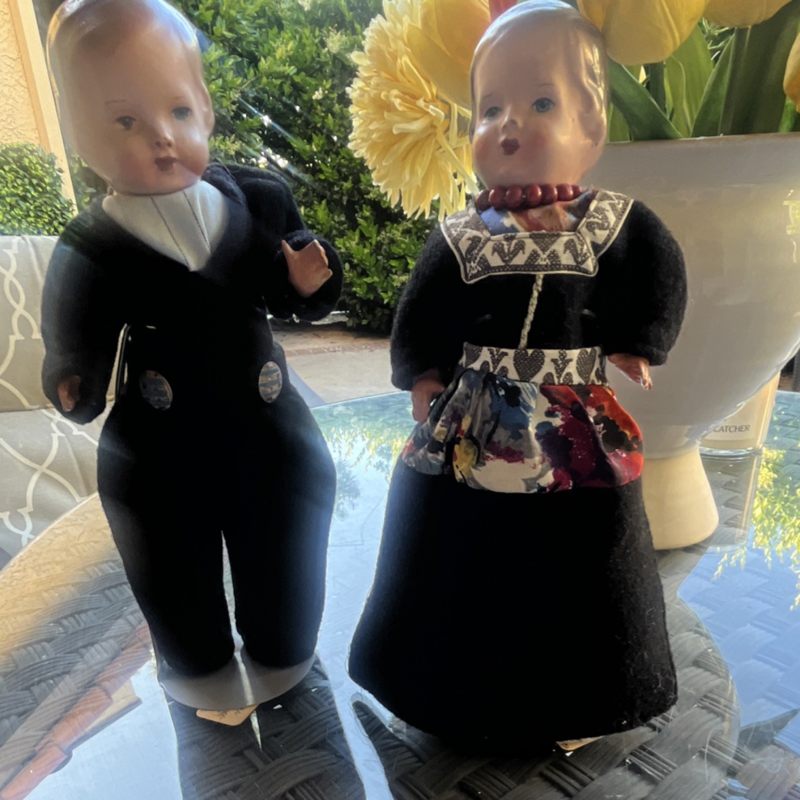 German Girl and Boy Figurine Pair Ceramic Cloth 10.5 in 1977 Traditional