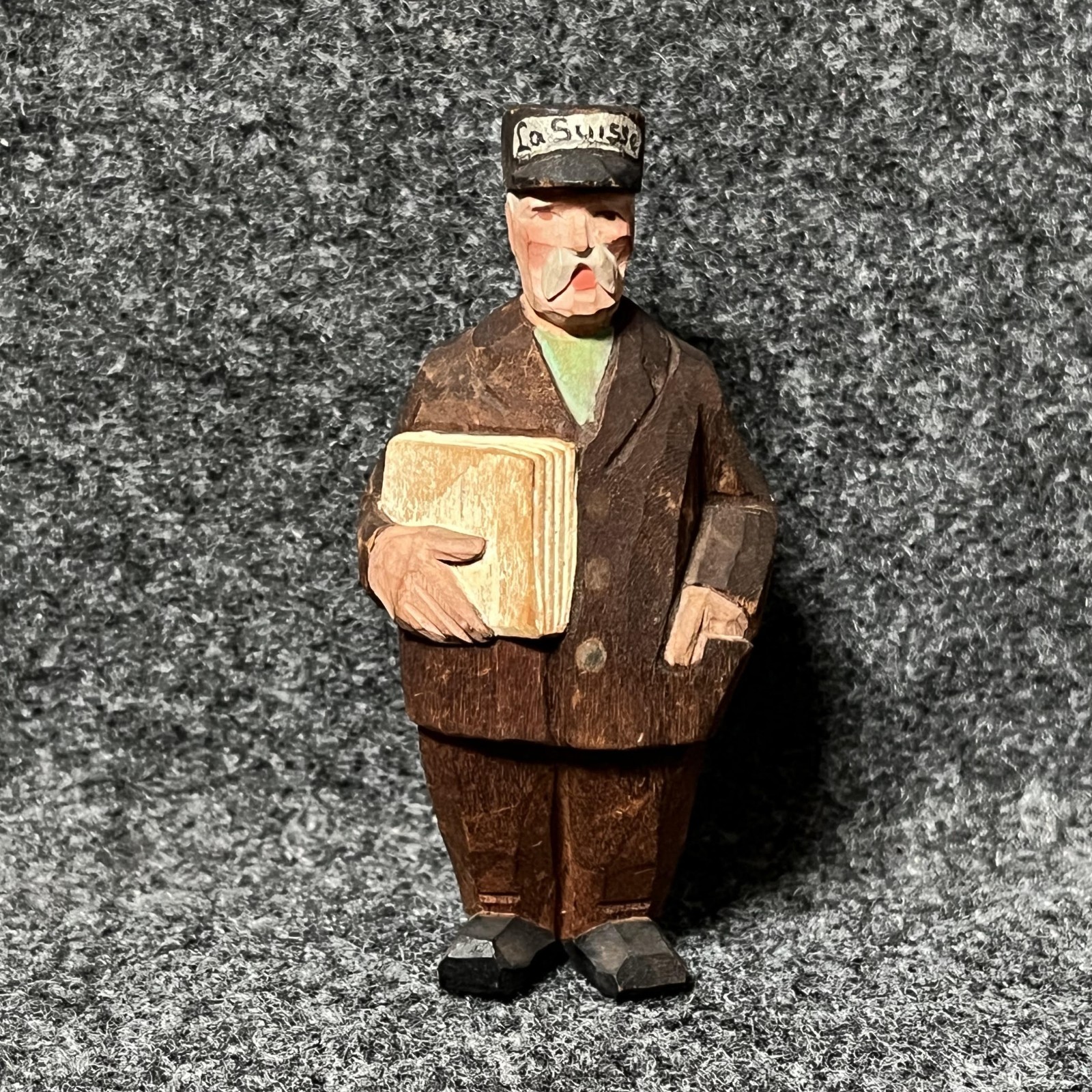 Wood Folk Art Man Figurine Small European Switzerland Hand Carved Vintage