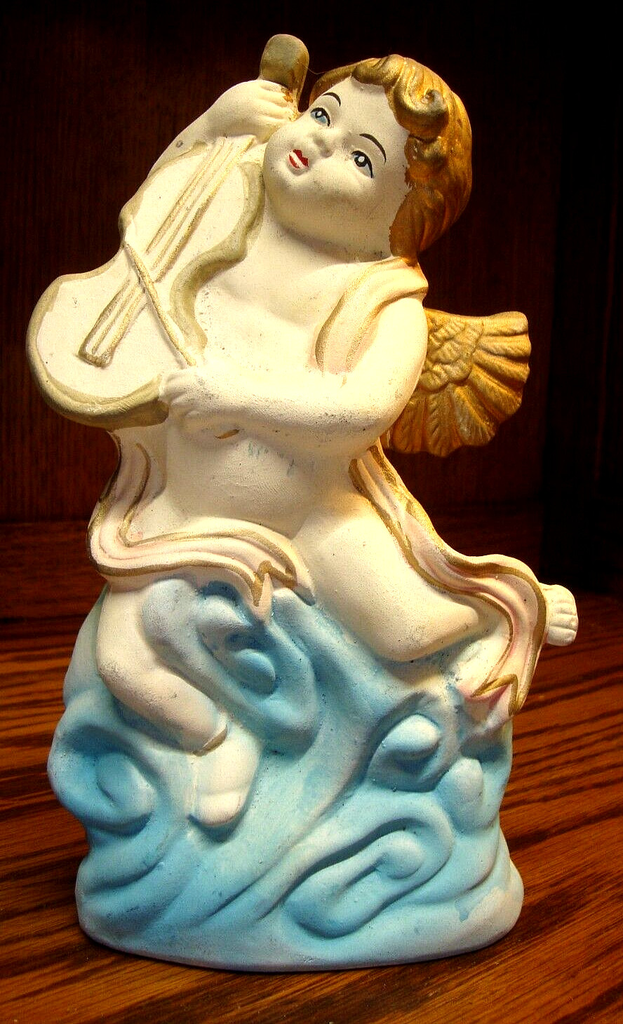 Vtg Figurine Chalkware Cherub Angel playing Violin 9″ tall Ivory~Gold~Blue 749