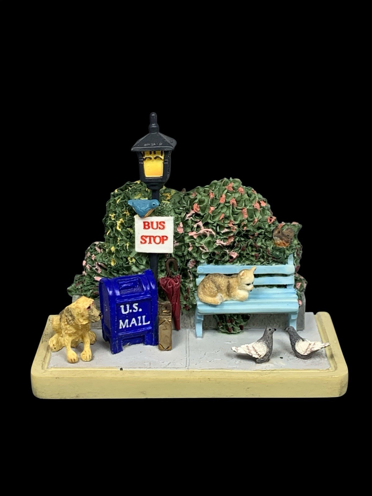 Brian Baker Waiting for the Bus Figurine / Wall Plaque Mailbox Cat & Dog #011022