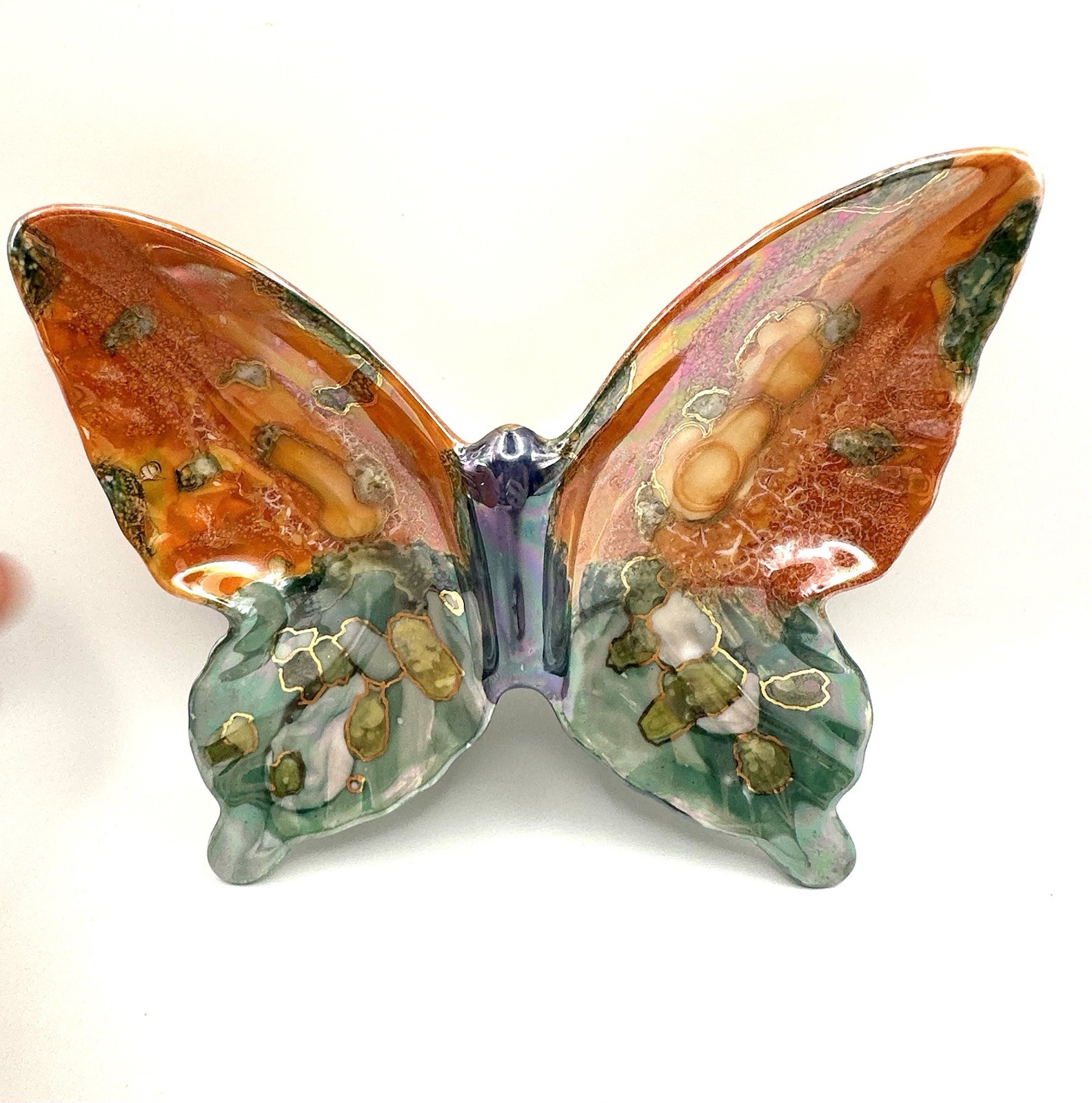 Ceramic Iridescent Glaze Blue Orange Trinket Jewelry Dish Butterfly Pottery