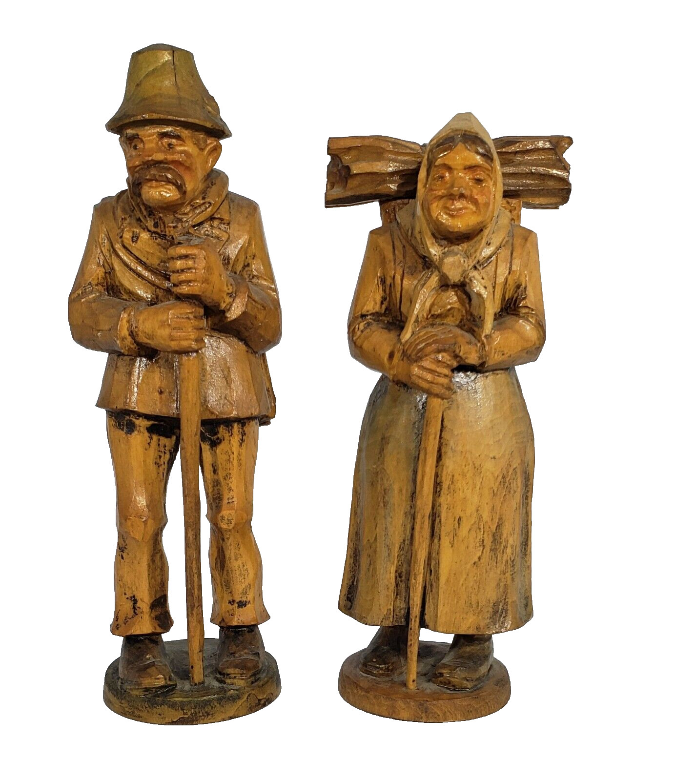 Vintage Hand Carved Man Woman Figurines Peasants Walking Staff Basket Elderly
