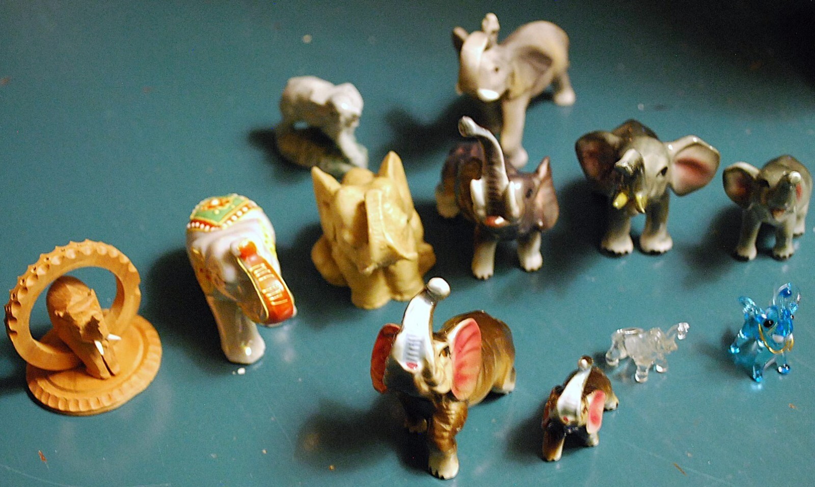Vtg Lot 12 MINIATURE ELEPHANT FIGURINES Porcelain/China HAND PAINTED Trunks Up