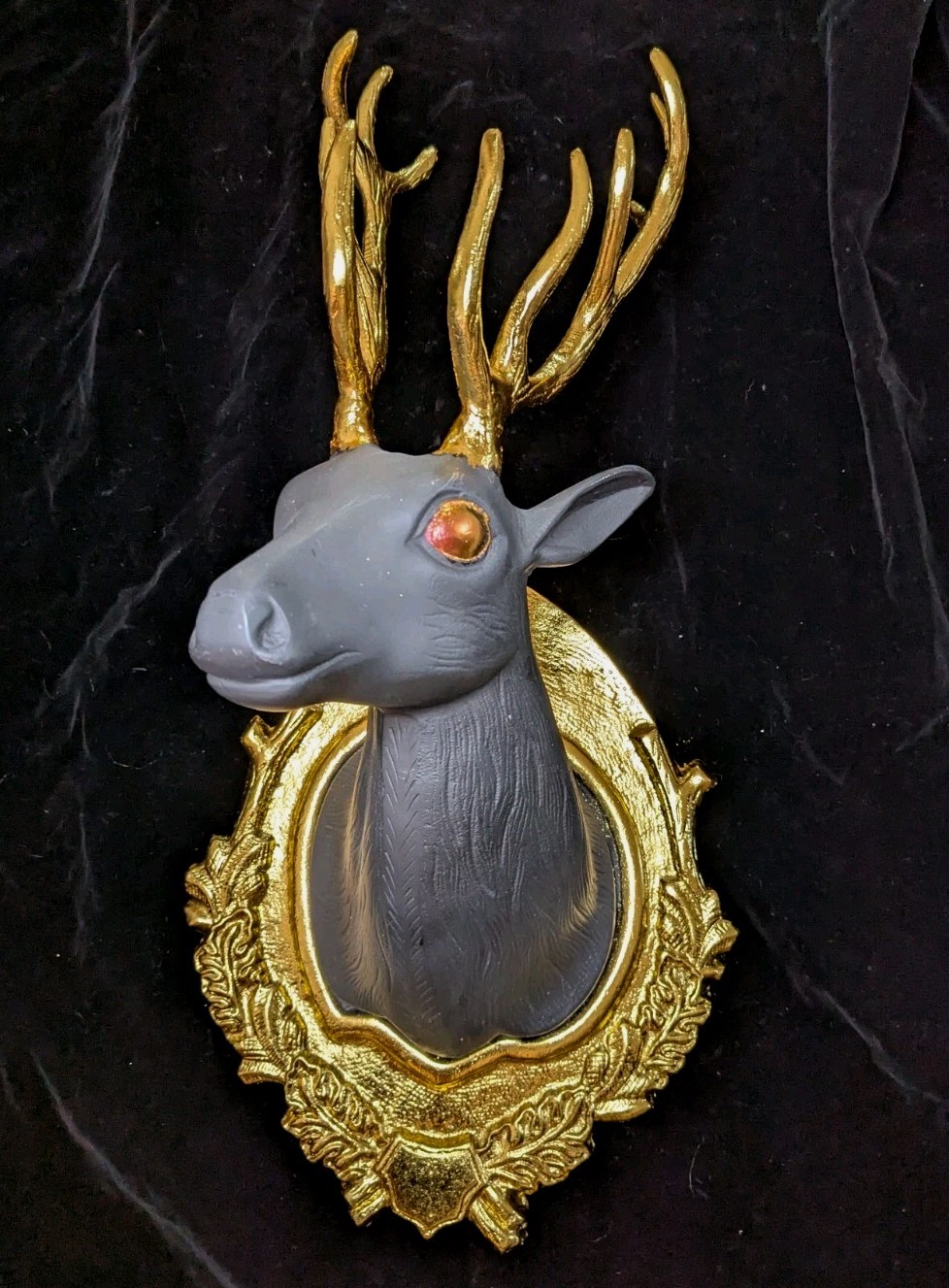 Gold Black Forest Deer Head Metal Trophy With Color Shift Eyes 25″ Tall Mount