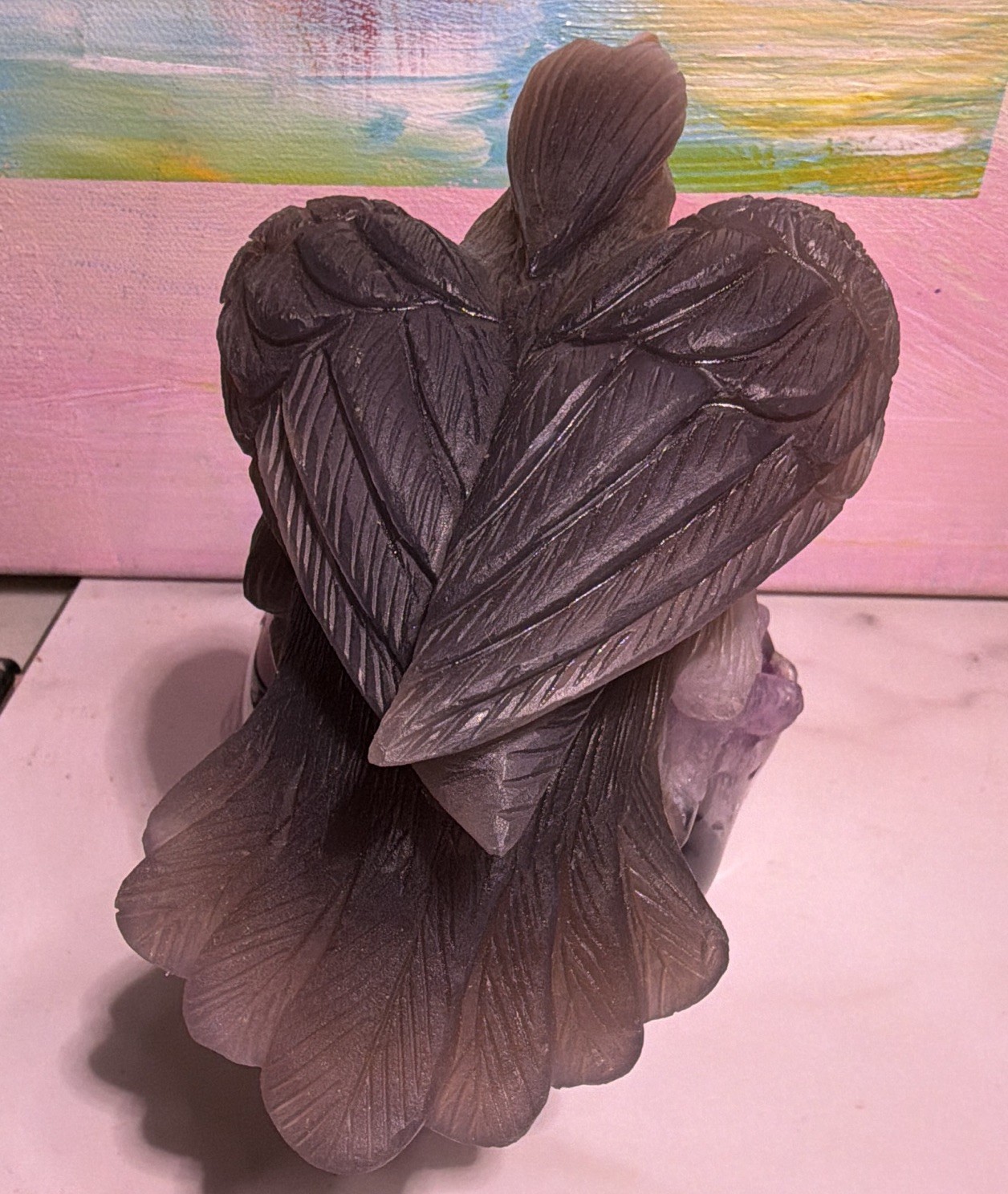 Eagle ￼Carved Stone Figurine on Purple Crystal Base, Polished 3D Effect, 5 in