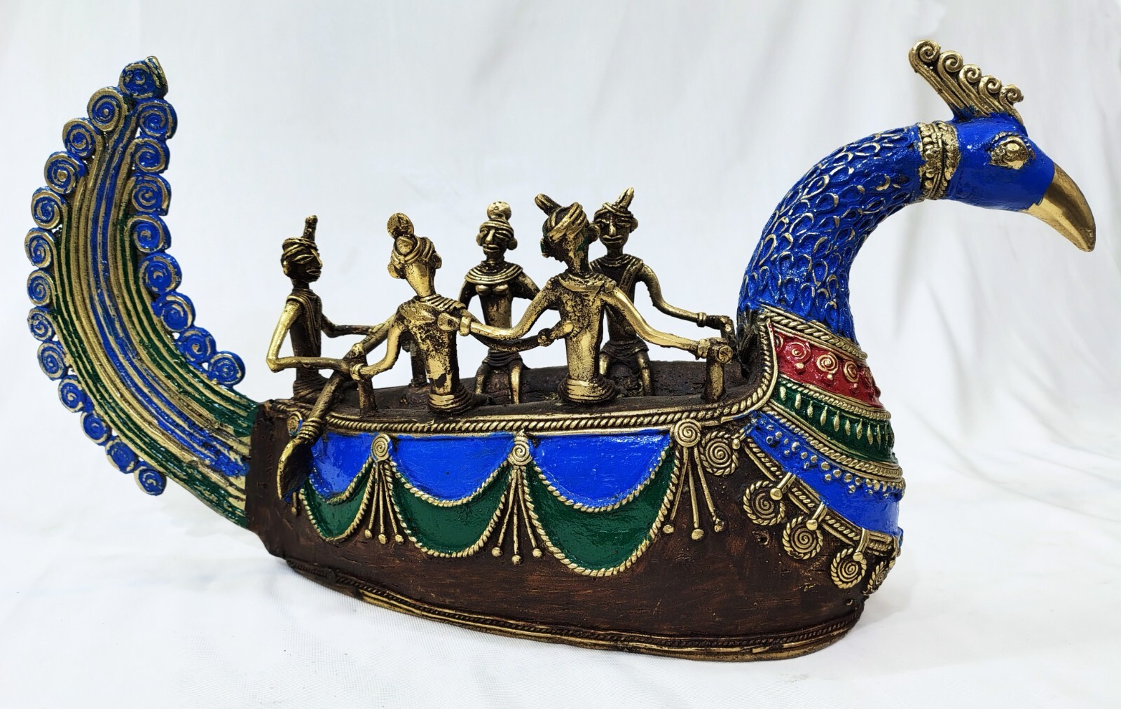 Dhokra Peacock Boat Statue with Five Tribal Riders Statue
